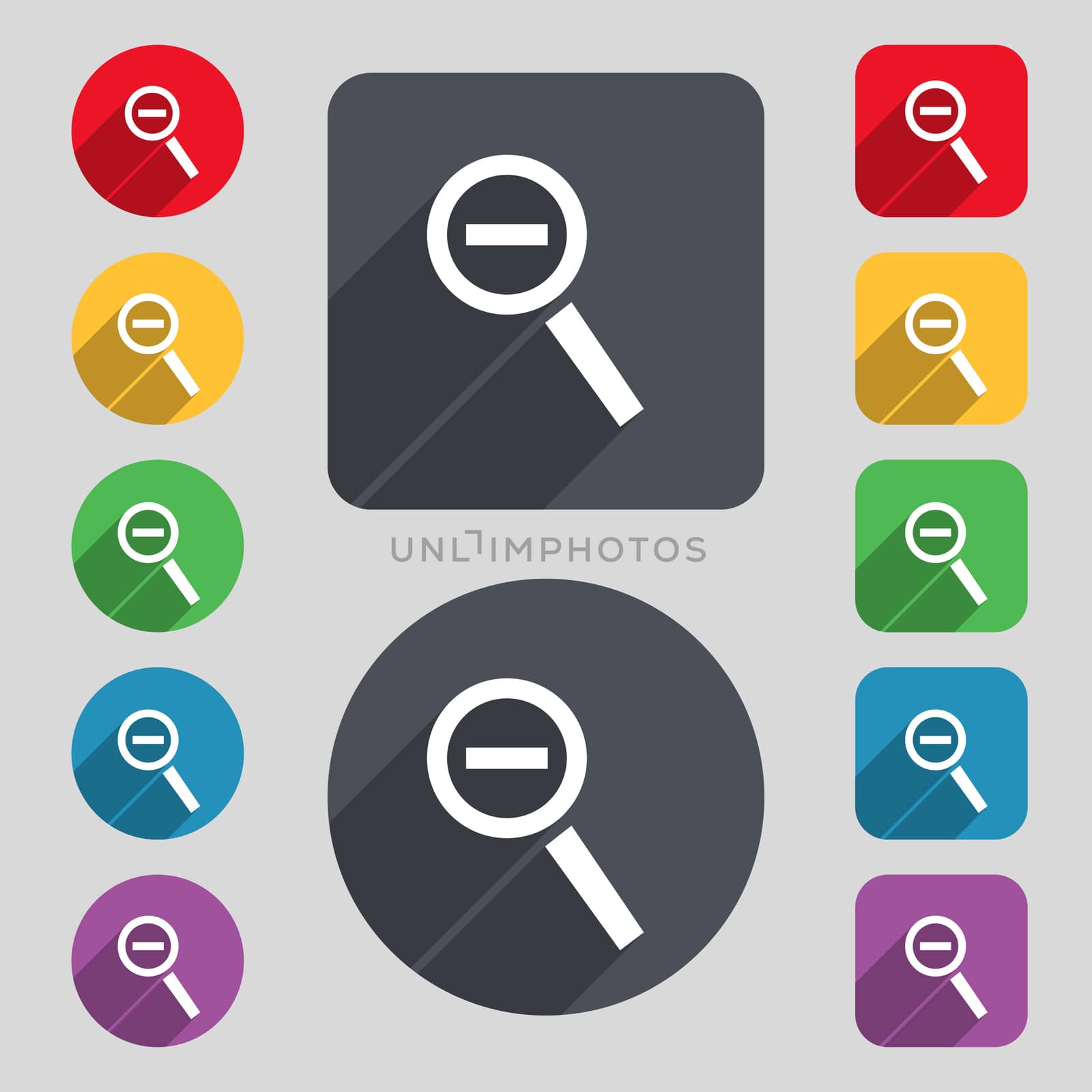 Magnifier glass, Zoom tool icon sign. A set of 12 colored buttons and a long shadow by serhii_lohvyniuk