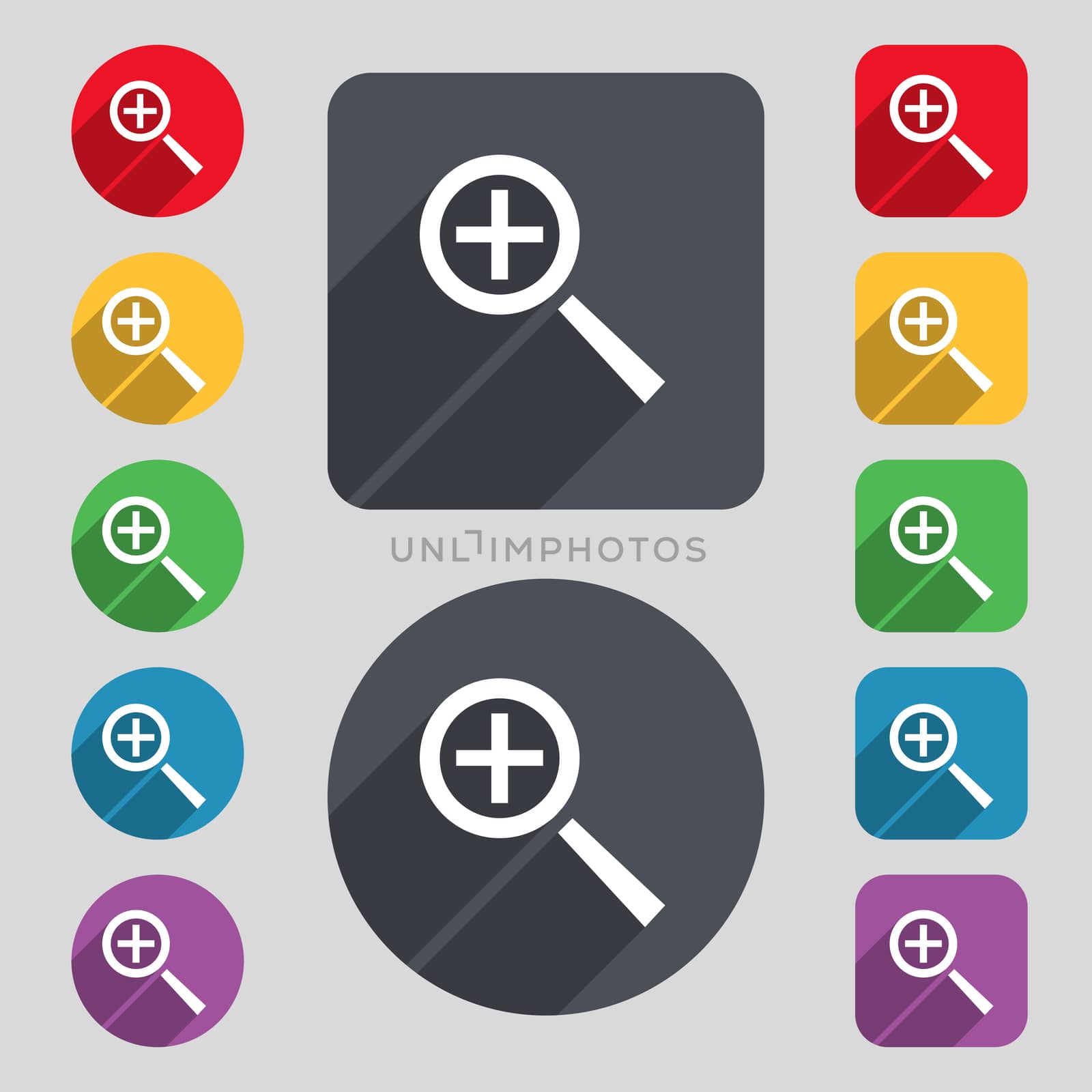 Magnifier glass, Zoom tool icon sign. A set of 12 colored buttons and a long shadow. Flat design. 