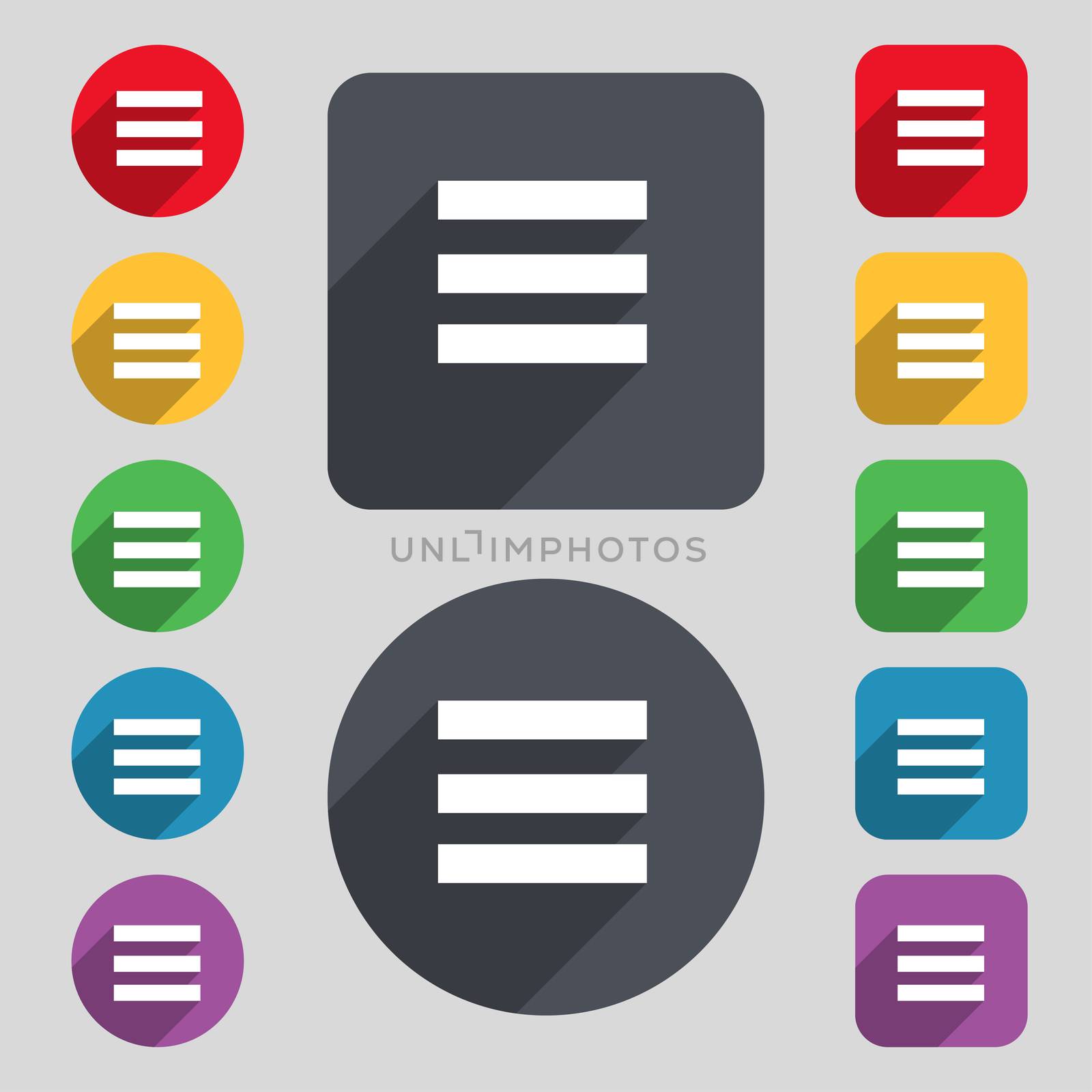 Align text to the width icon sign. A set of 12 colored buttons and a long shadow by serhii_lohvyniuk