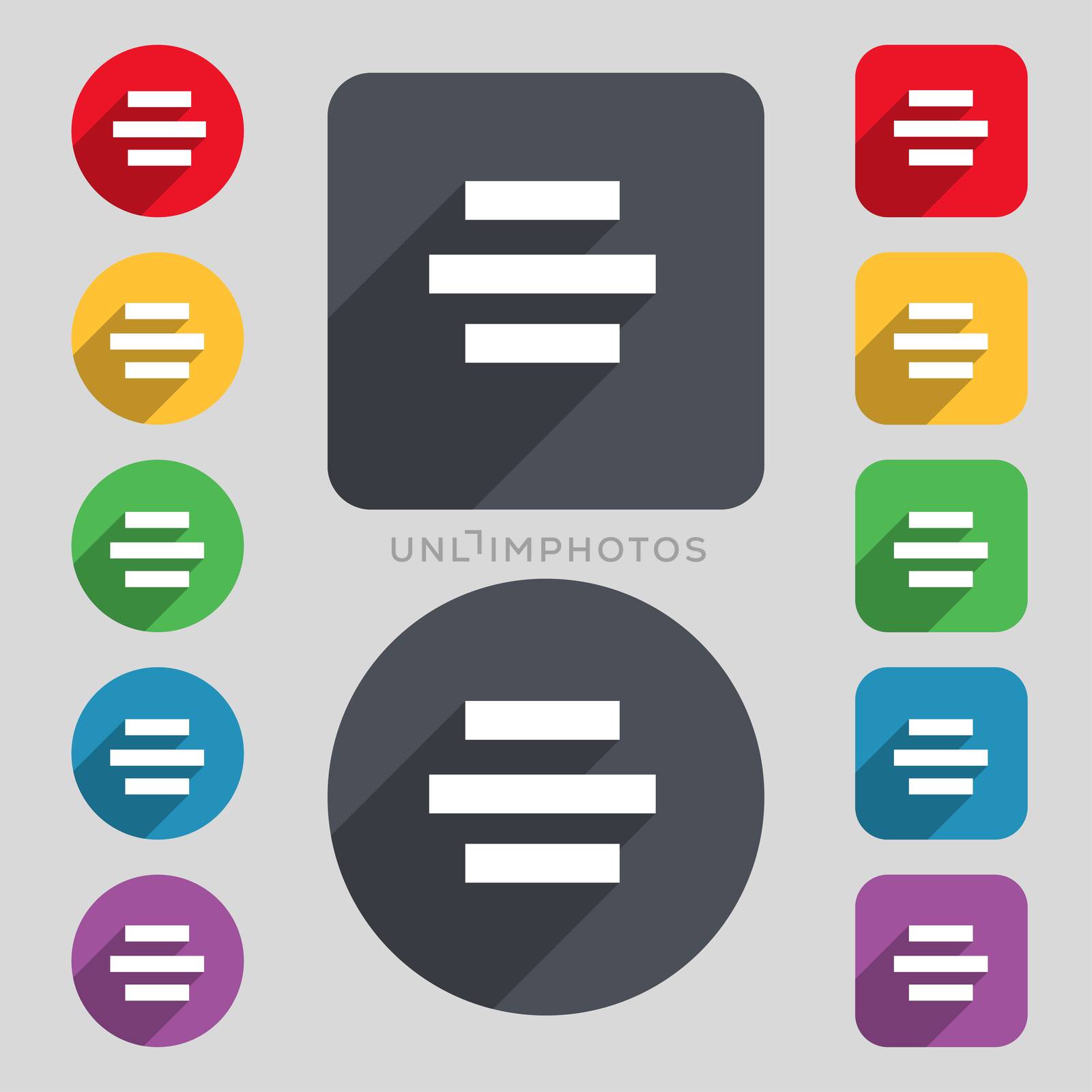 Center alignment icon sign. A set of 12 colored buttons and a long shadow. Flat design. 