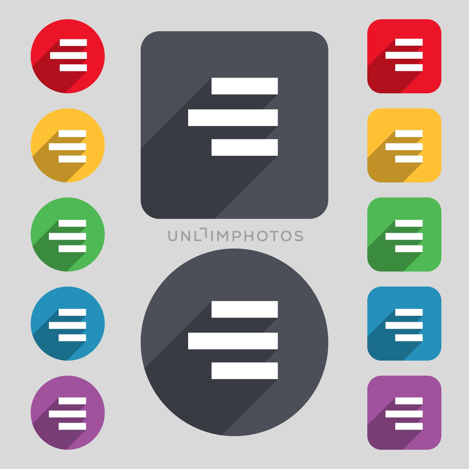 Right-aligned icon sign. A set of 12 colored buttons and a long shadow. Flat design. 