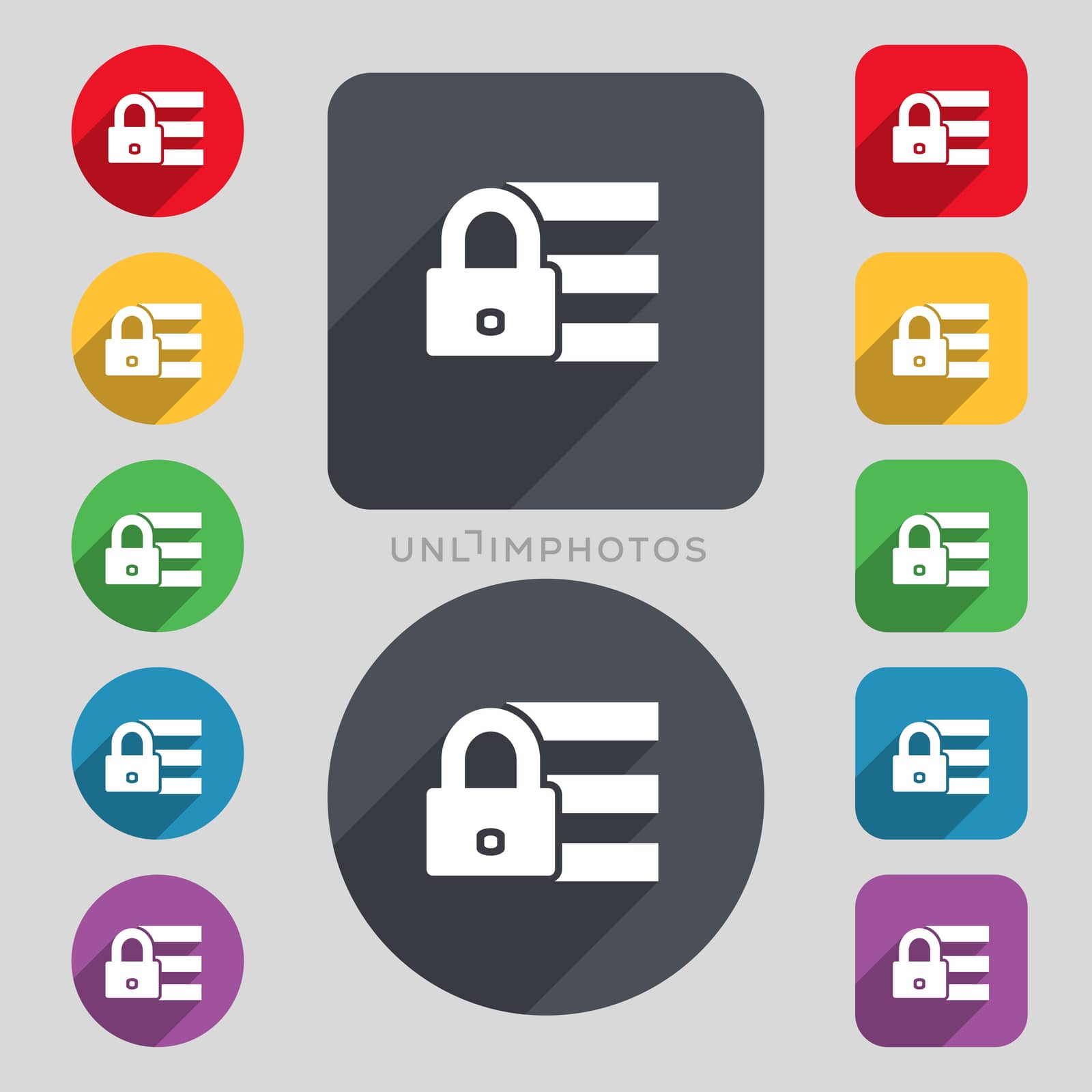 Lock, login icon sign. A set of 12 colored buttons and a long shadow. Flat design. 