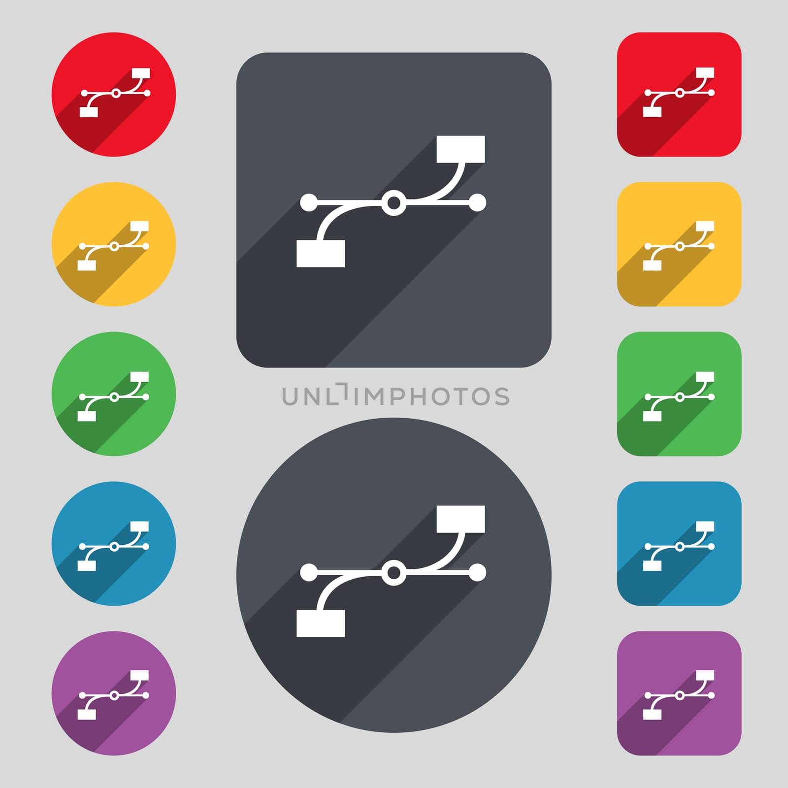 Bezier Curve icon sign. A set of 12 colored buttons and a long shadow. Flat design. 