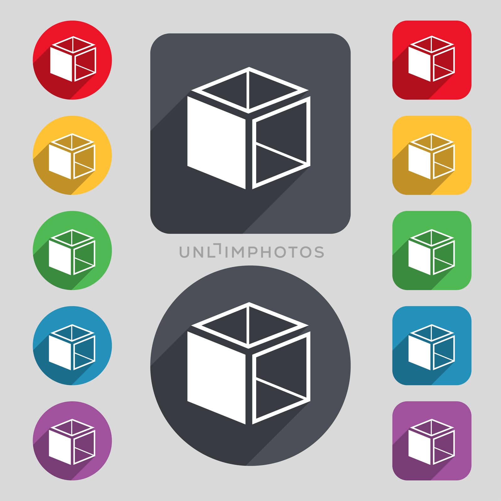 3d cube icon sign. A set of 12 colored buttons and a long shadow. Flat design. 