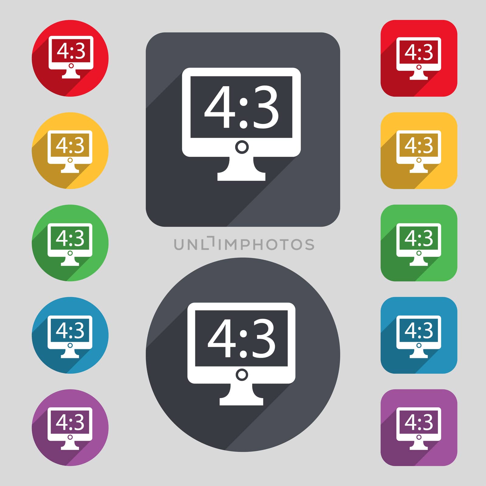 Aspect ratio 4 3 widescreen tv icon sign. A set of 12 colored buttons and a long shadow. Flat design. 