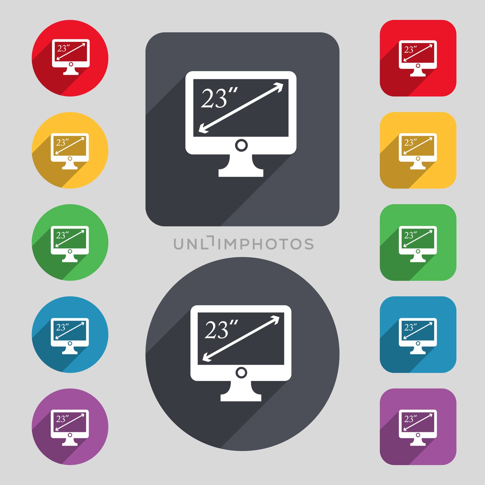 diagonal of the monitor 23 inches icon sign. A set of 12 colored buttons and a long shadow. Flat design. 