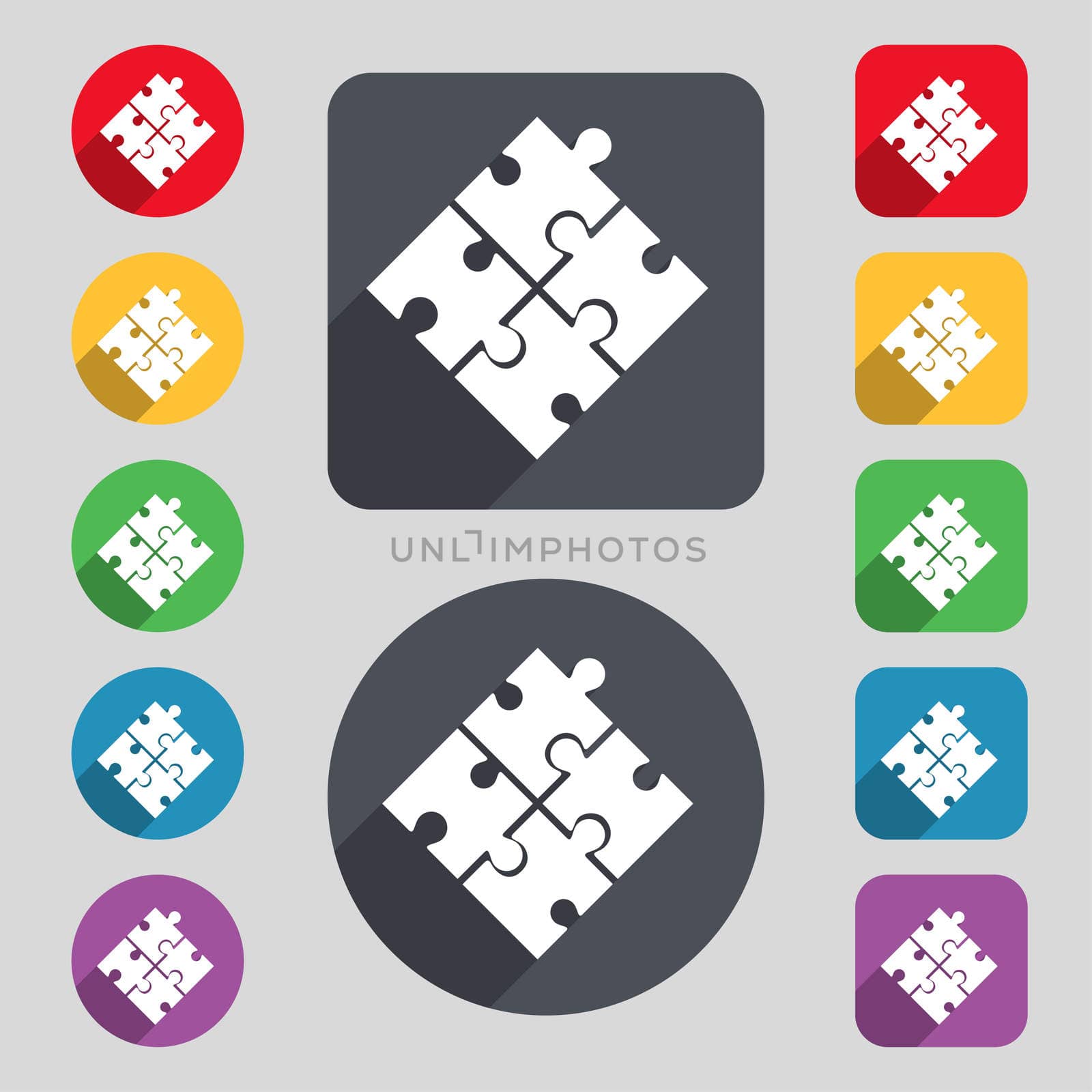 Puzzle piece icon sign. A set of 12 colored buttons and a long shadow. Flat design. 