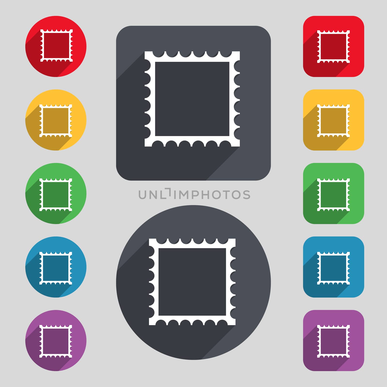 Photo frame template icon sign. A set of 12 colored buttons and a long shadow. Flat design. 