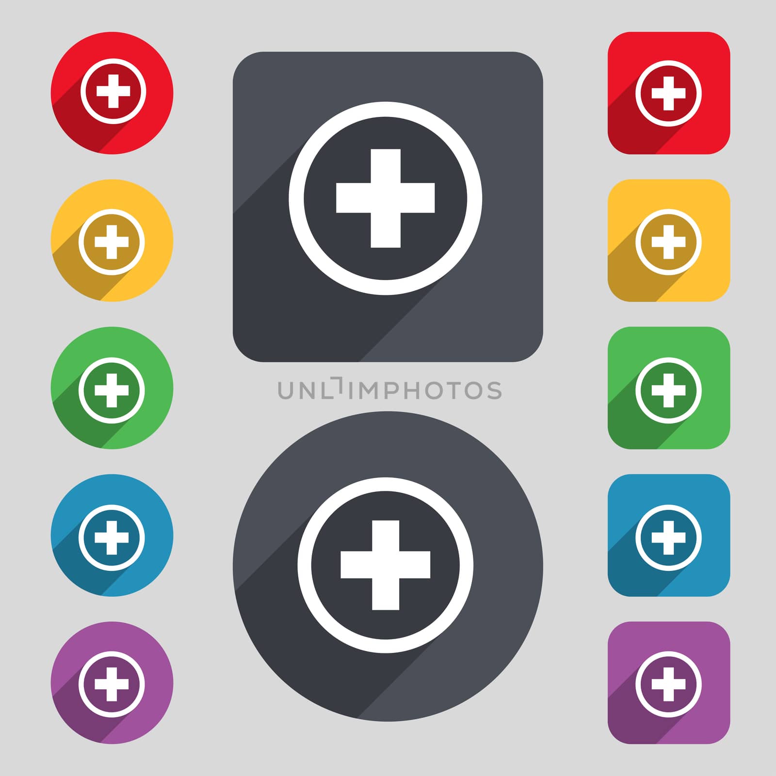 Plus, Positive, zoom icon sign. A set of 12 colored buttons and a long shadow. Flat design. 