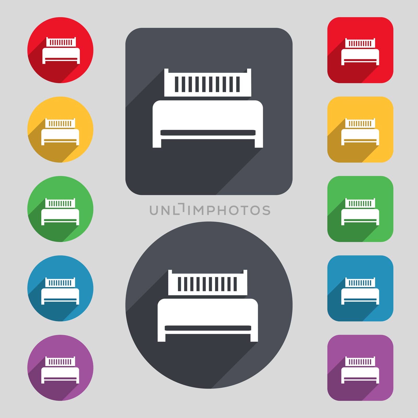 Hotel, bed icon sign. A set of 12 colored buttons and a long shadow. Flat design. 