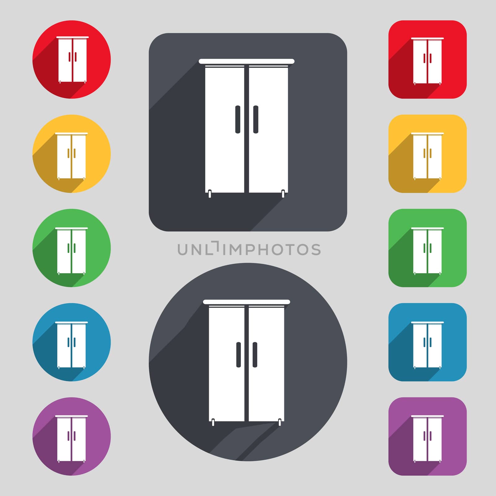Cupboard icon sign. A set of 12 colored buttons and a long shadow. Flat design. 