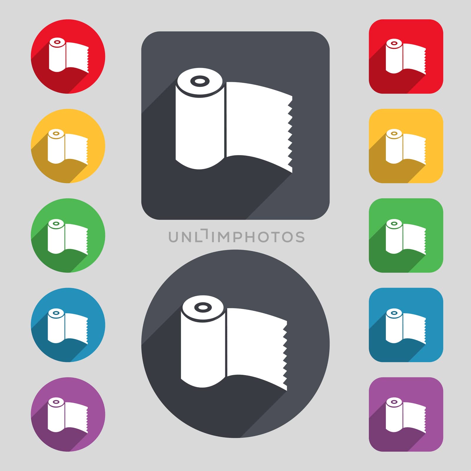 Toilet paper, WC roll icon sign. A set of 12 colored buttons and a long shadow. Flat design. 