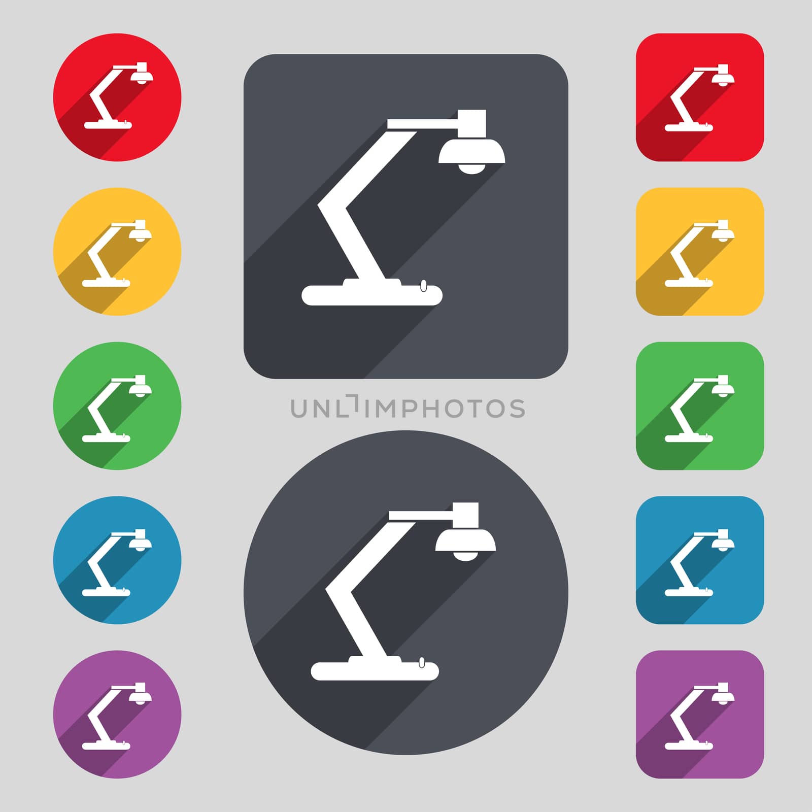 light, bulb, electricity icon sign. A set of 12 colored buttons and a long shadow. Flat design. 