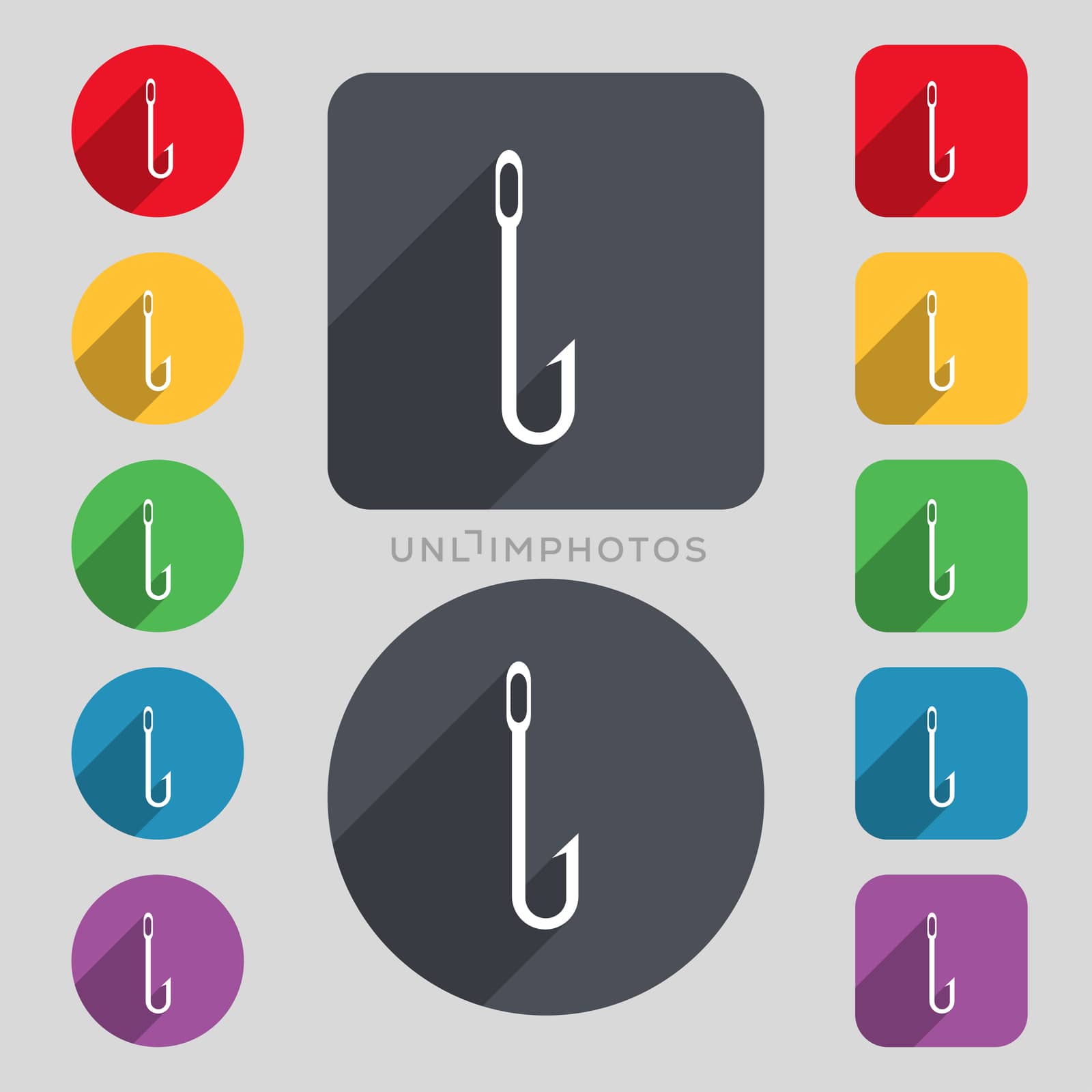 Fishing hook icon sign. A set of 12 colored buttons and a long shadow. Flat design. 