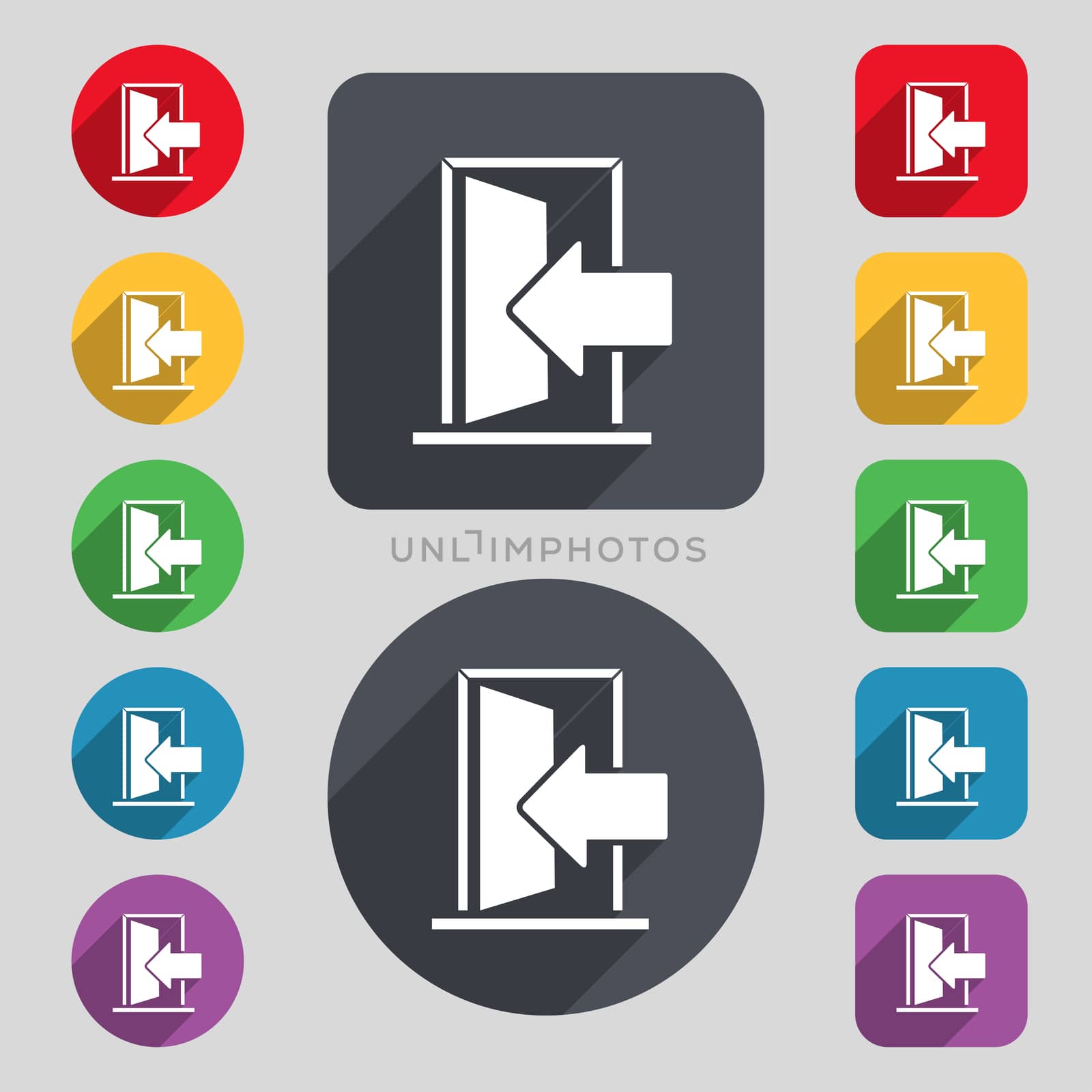 Door, Enter or exit icon sign. A set of 12 colored buttons and a long shadow. Flat design. 