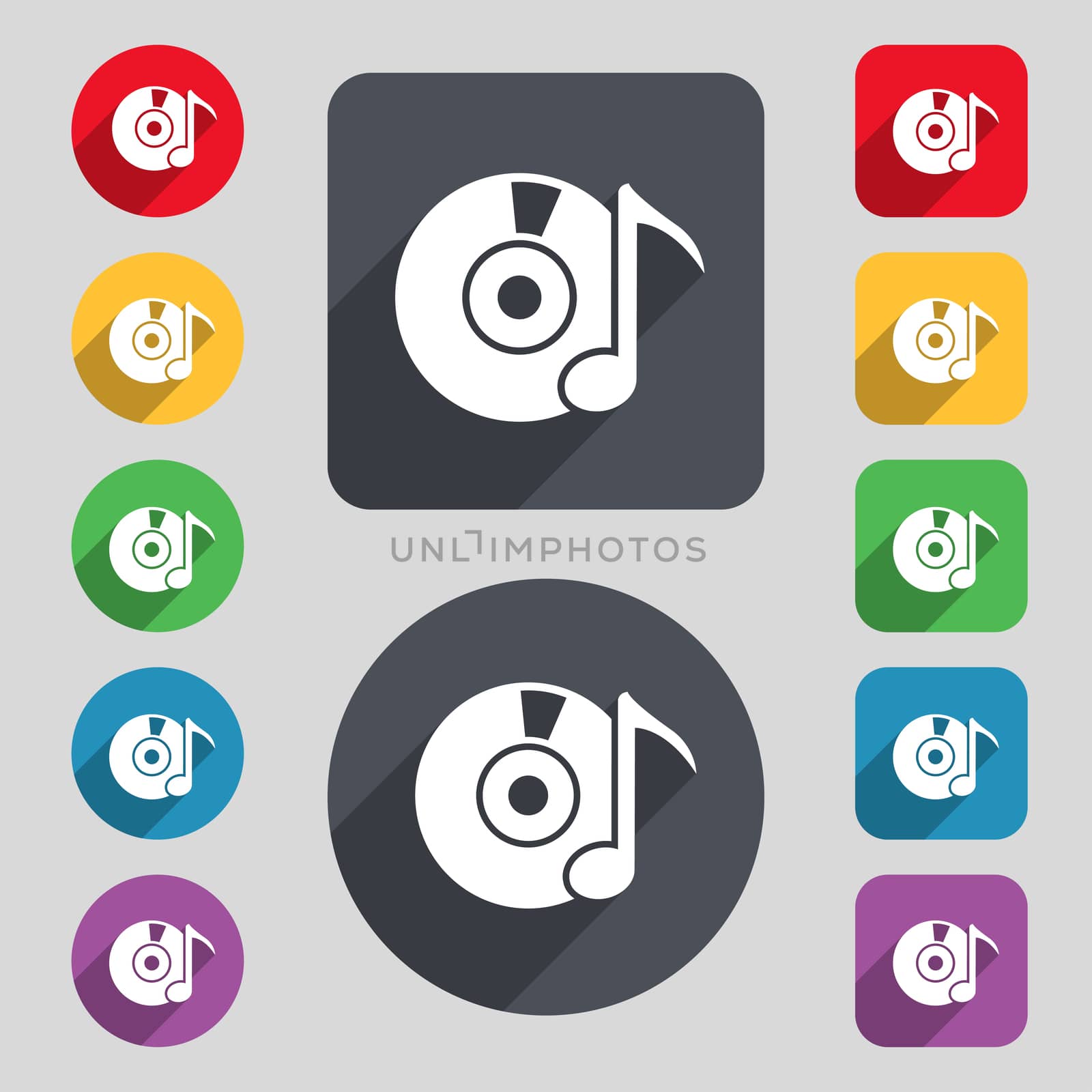 CD or DVD icon sign. A set of 12 colored buttons and a long shadow by serhii_lohvyniuk