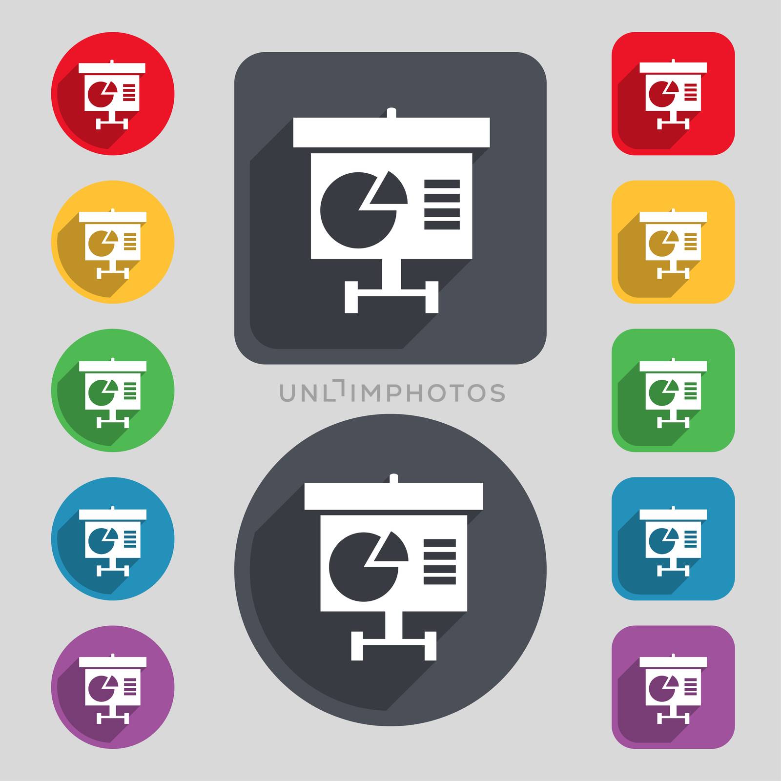 Graph icon sign. A set of 12 colored buttons and a long shadow by serhii_lohvyniuk