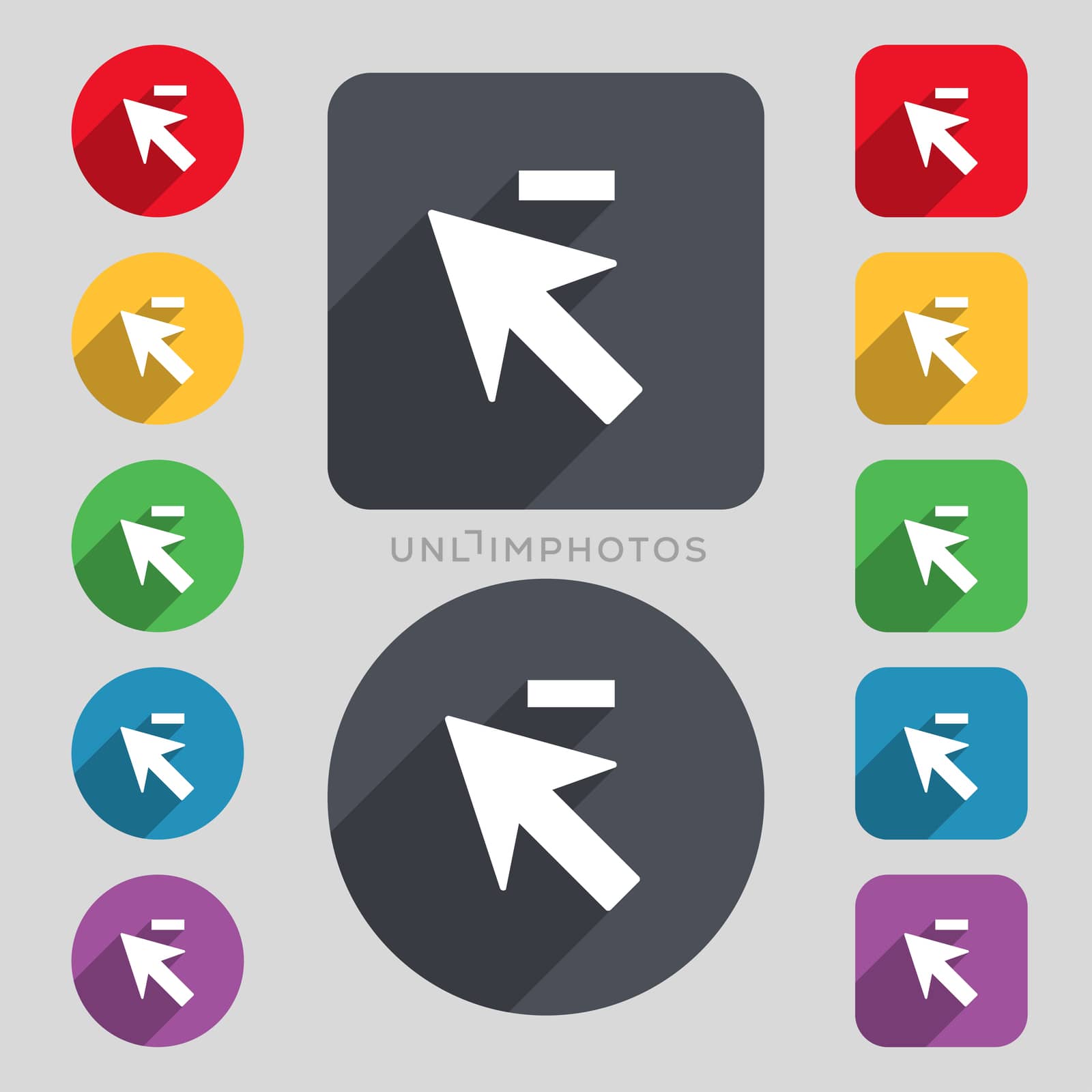 Cursor, arrow minus icon sign. A set of 12 colored buttons and a long shadow by serhii_lohvyniuk