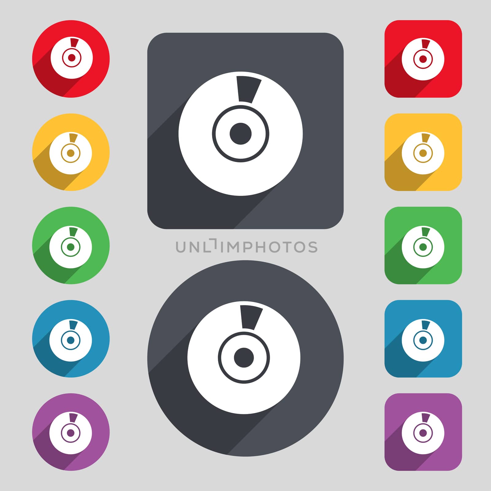 CD or DVD icon sign. A set of 12 colored buttons and a long shadow. Flat design. 