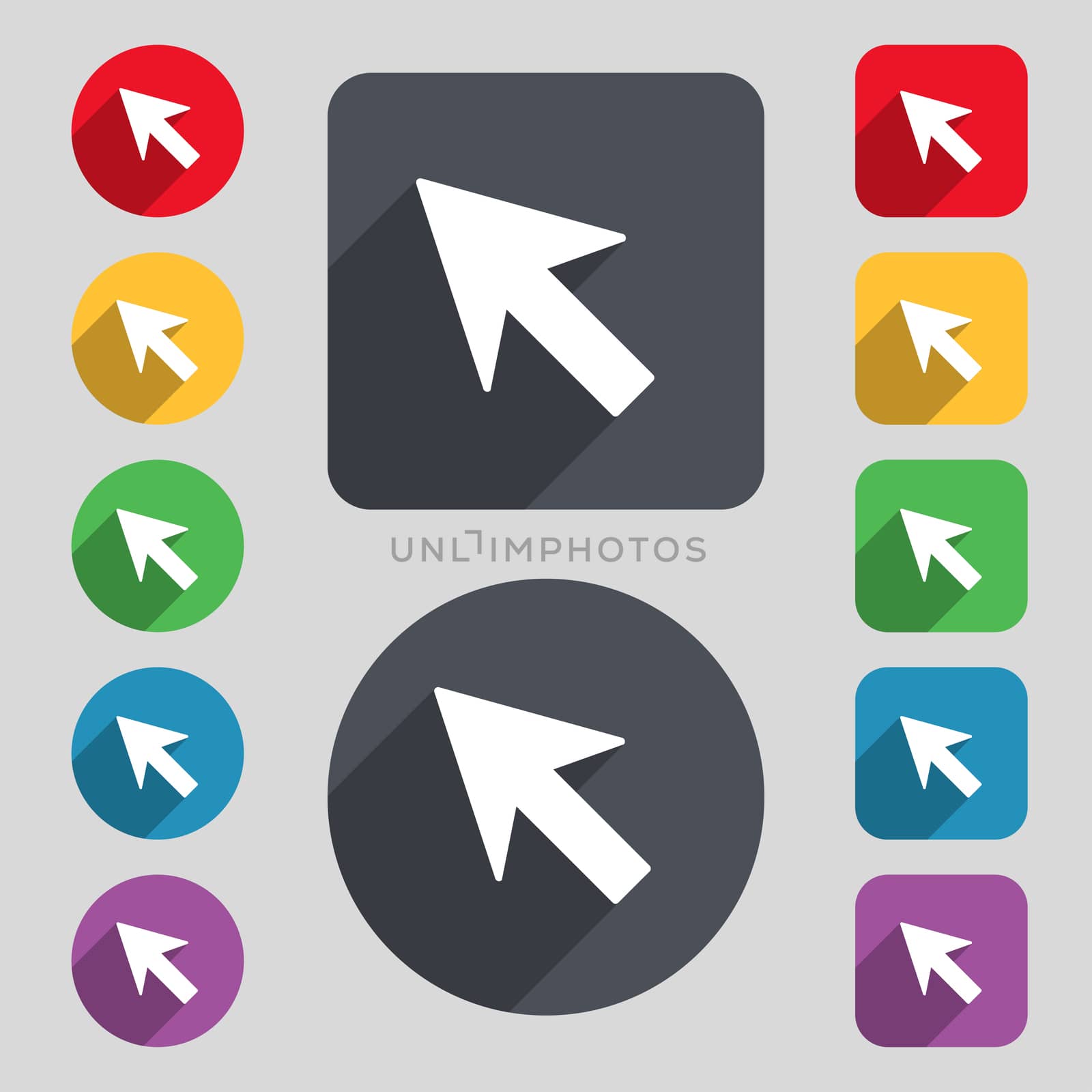 Cursor, arrow icon sign. A set of 12 colored buttons and a long shadow. Flat design. 