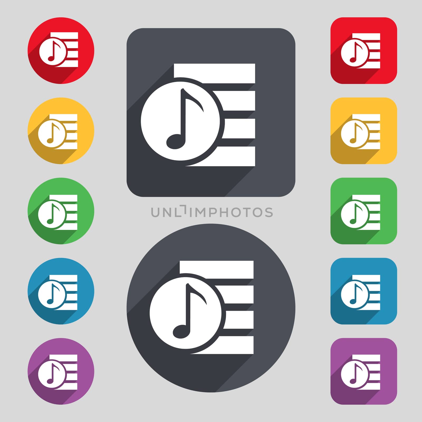 Audio, MP3 file icon sign. A set of 12 colored buttons and a long shadow. Flat design. 