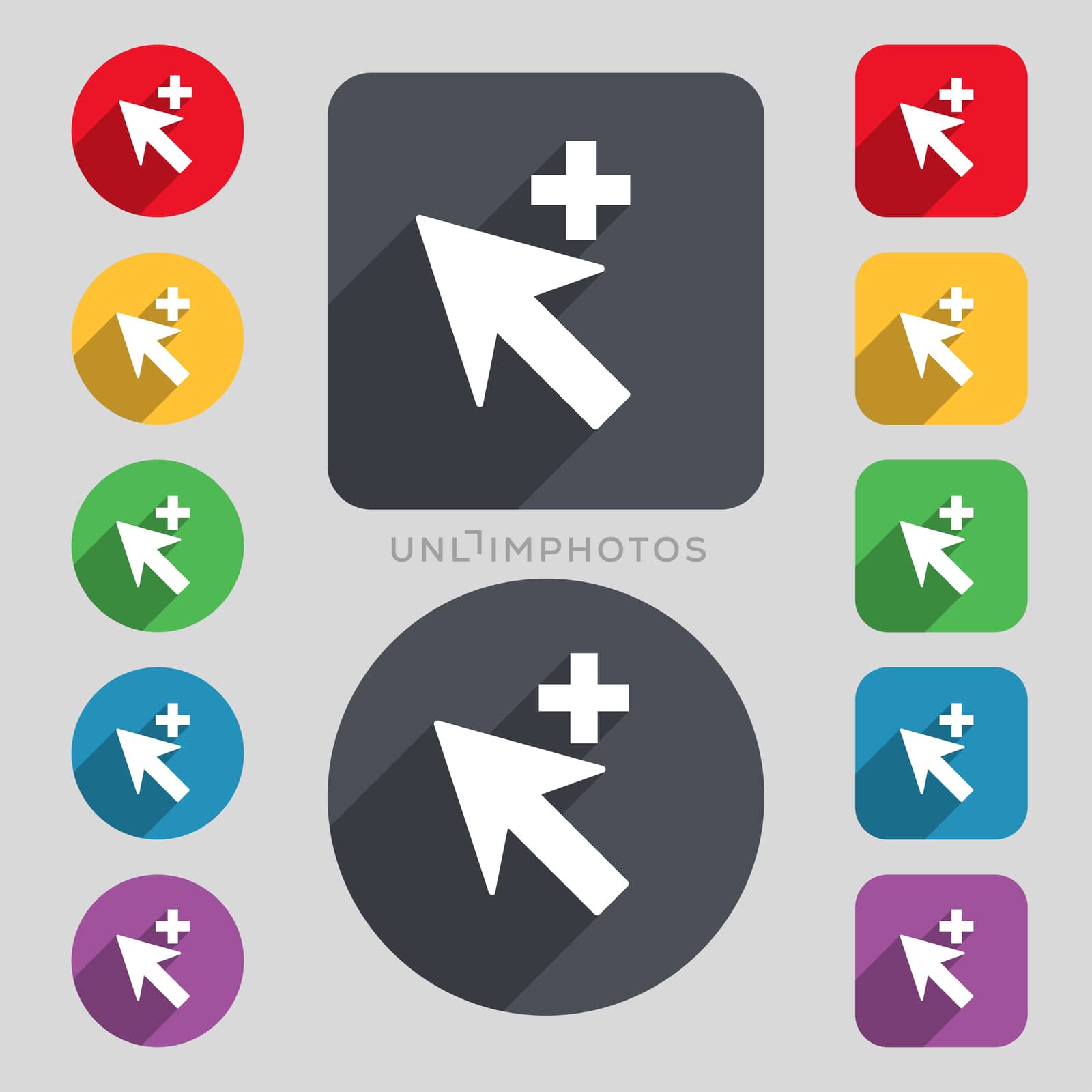 Cursor, arrow plus, add icon sign. A set of 12 colored buttons and a long shadow. Flat design. 