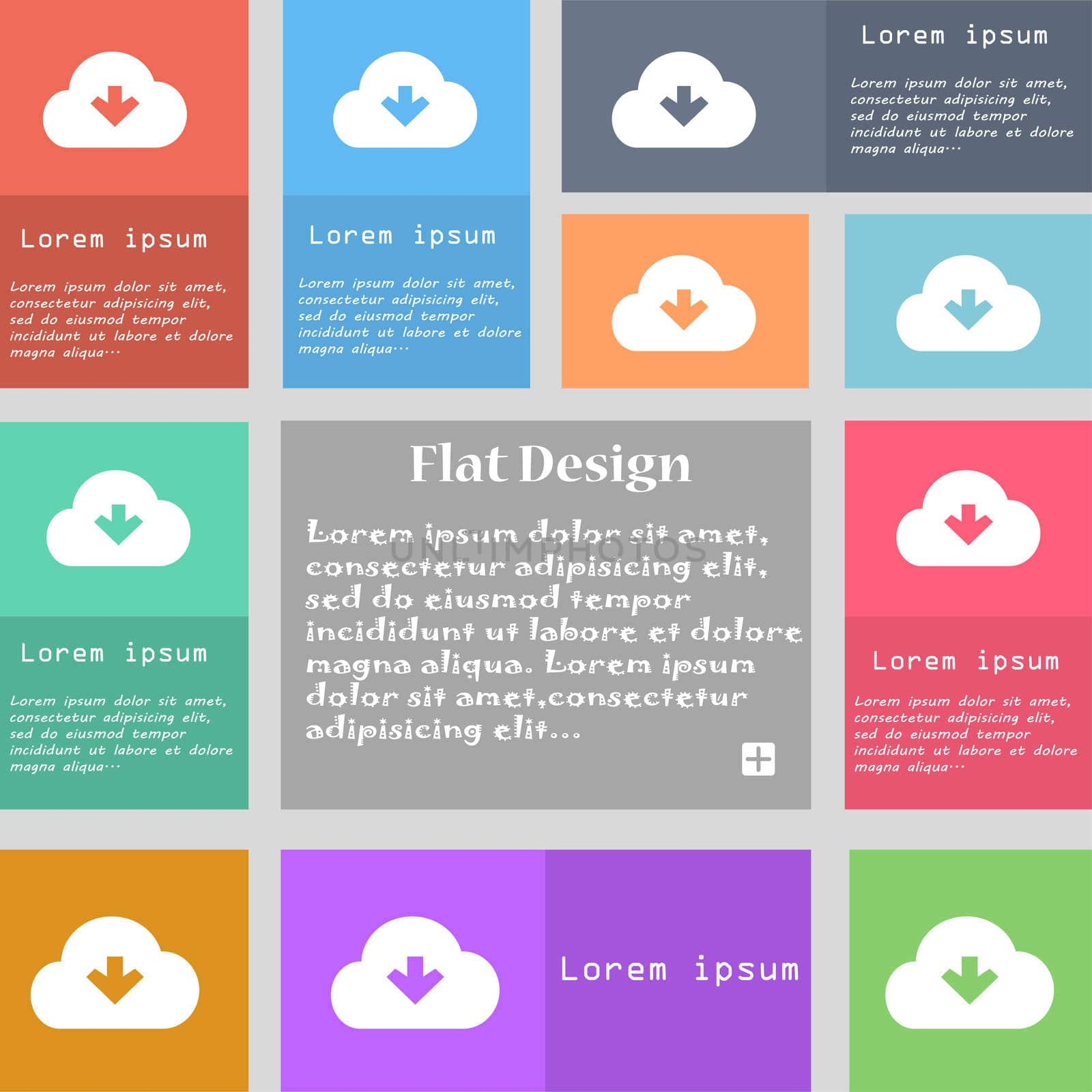 Download from cloud icon sign. Set of multicolored buttons. Metro style with space for text. The Long Shadow  by serhii_lohvyniuk