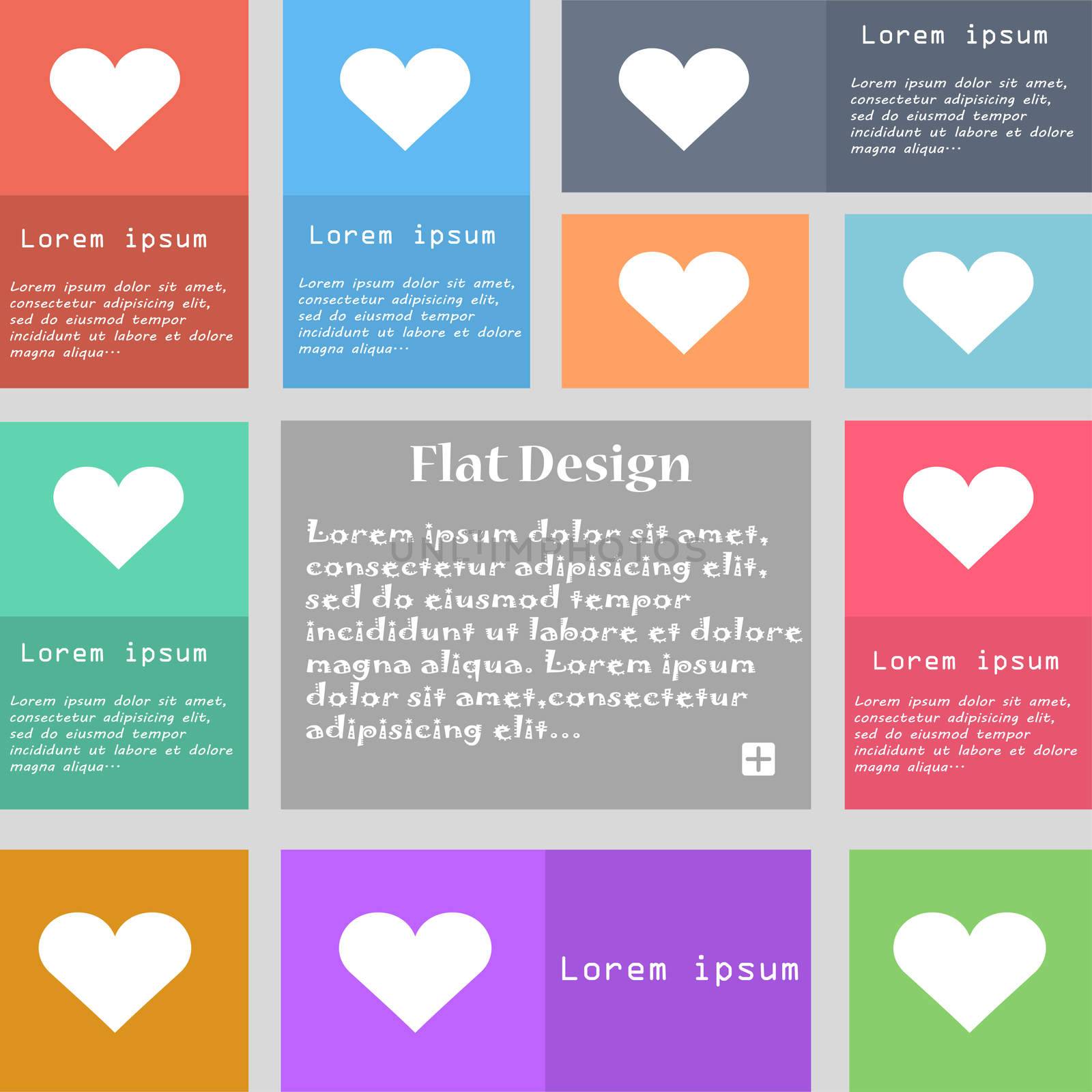 Heart, Love icon sign. Set of multicolored buttons. Metro style with space for text. The Long Shadow  by serhii_lohvyniuk