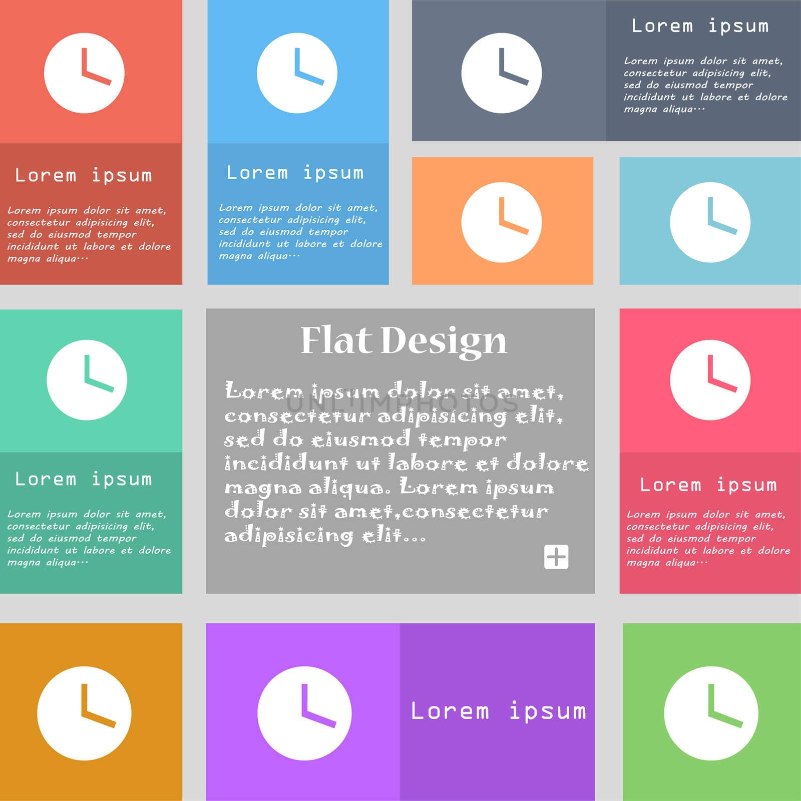Mechanical Clock icon sign. Set of multicolored buttons. Metro style with space for text. The Long Shadow  by serhii_lohvyniuk