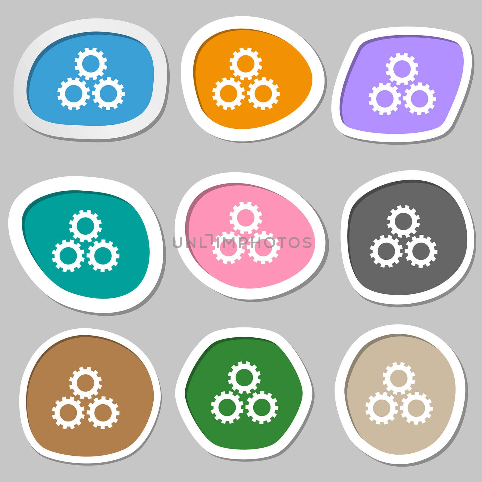 Cog settings sign icon. Cogwheel gear mechanism symbol. Multicolored paper stickers.  by serhii_lohvyniuk