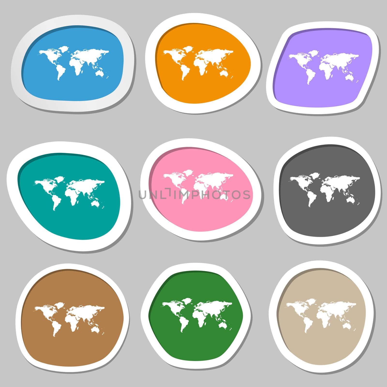 Globe sign icon. World map geography symbol. Multicolored paper stickers.  by serhii_lohvyniuk