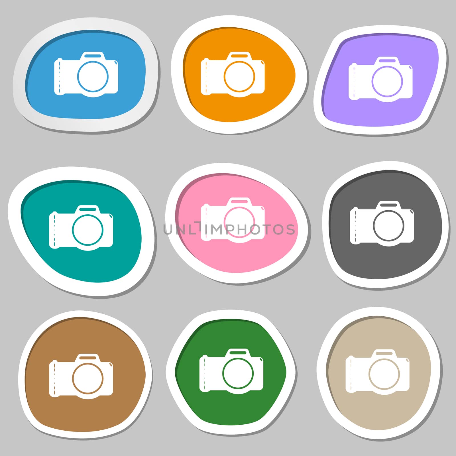 Photo camera sign icon. Digital photo camera symbol. Multicolored paper stickers. illustration