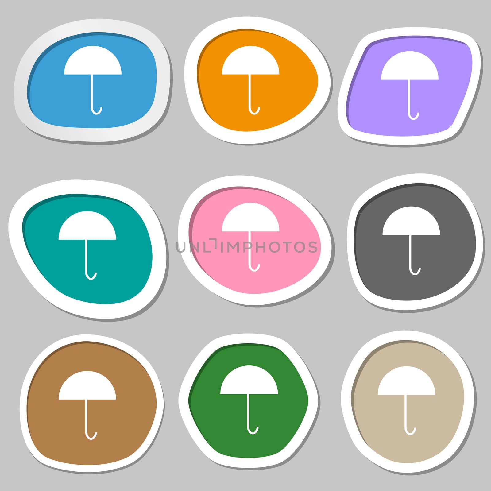 Umbrella sign icon. Rain protection symbol. Multicolored paper stickers. illustration