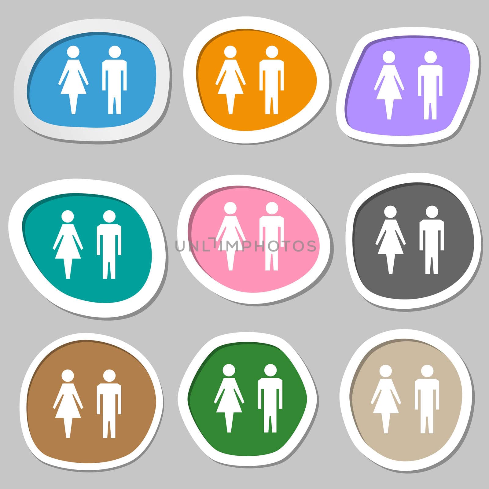 WC sign icon. Toilet symbol. Male and Female toilet. Multicolored paper stickers. illustration