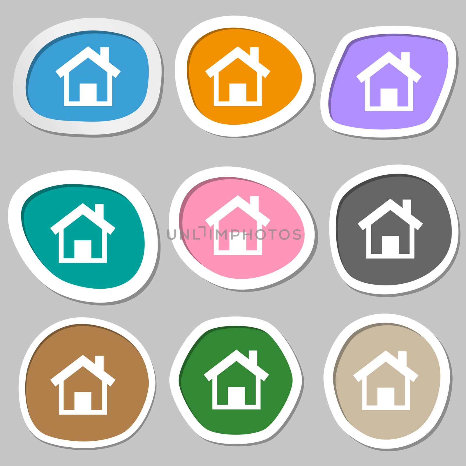 Home sign icon. Main page button. Navigation symbol. Multicolored paper stickers. illustration