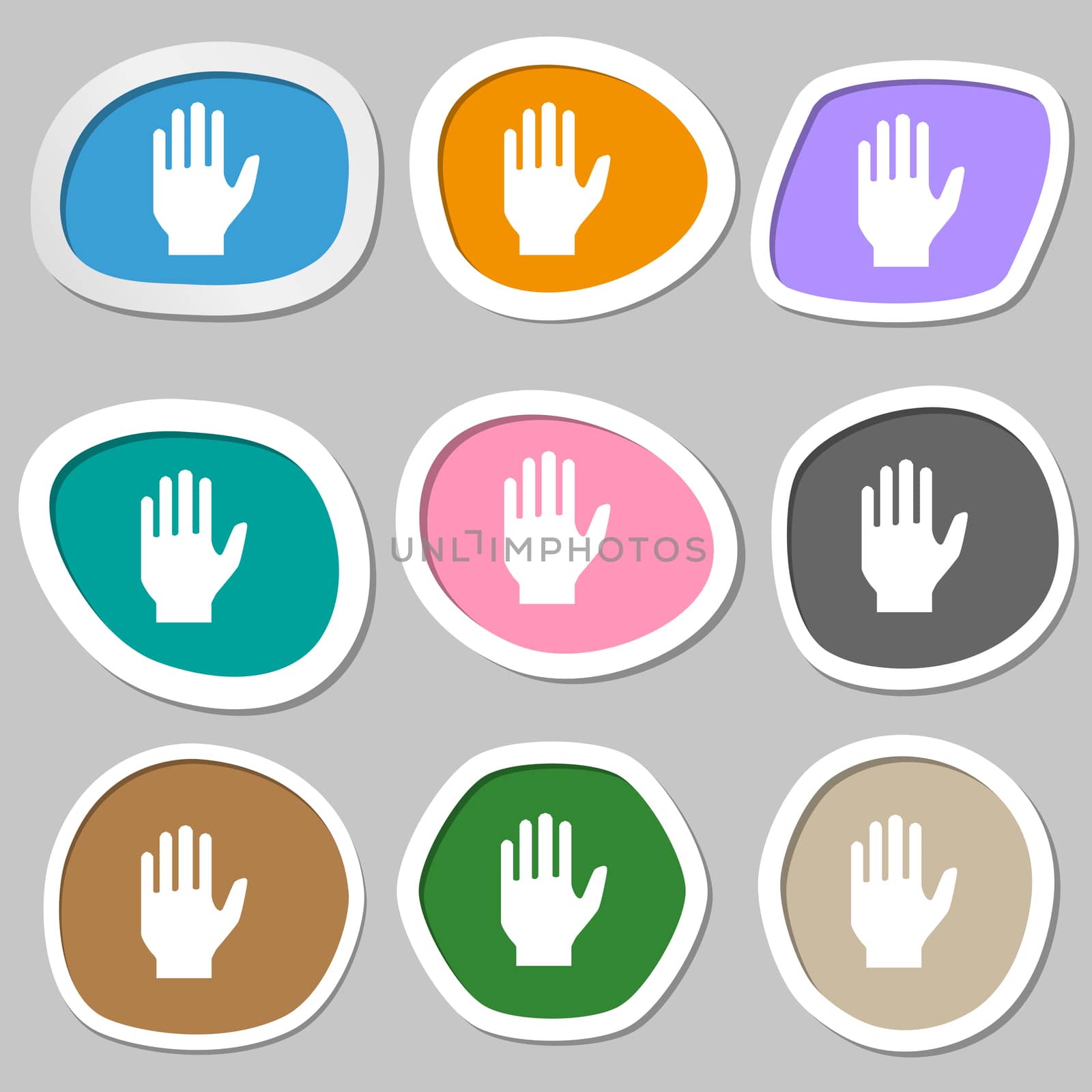 Hand print sign icon. Stop symbol. Multicolored paper stickers.  by serhii_lohvyniuk