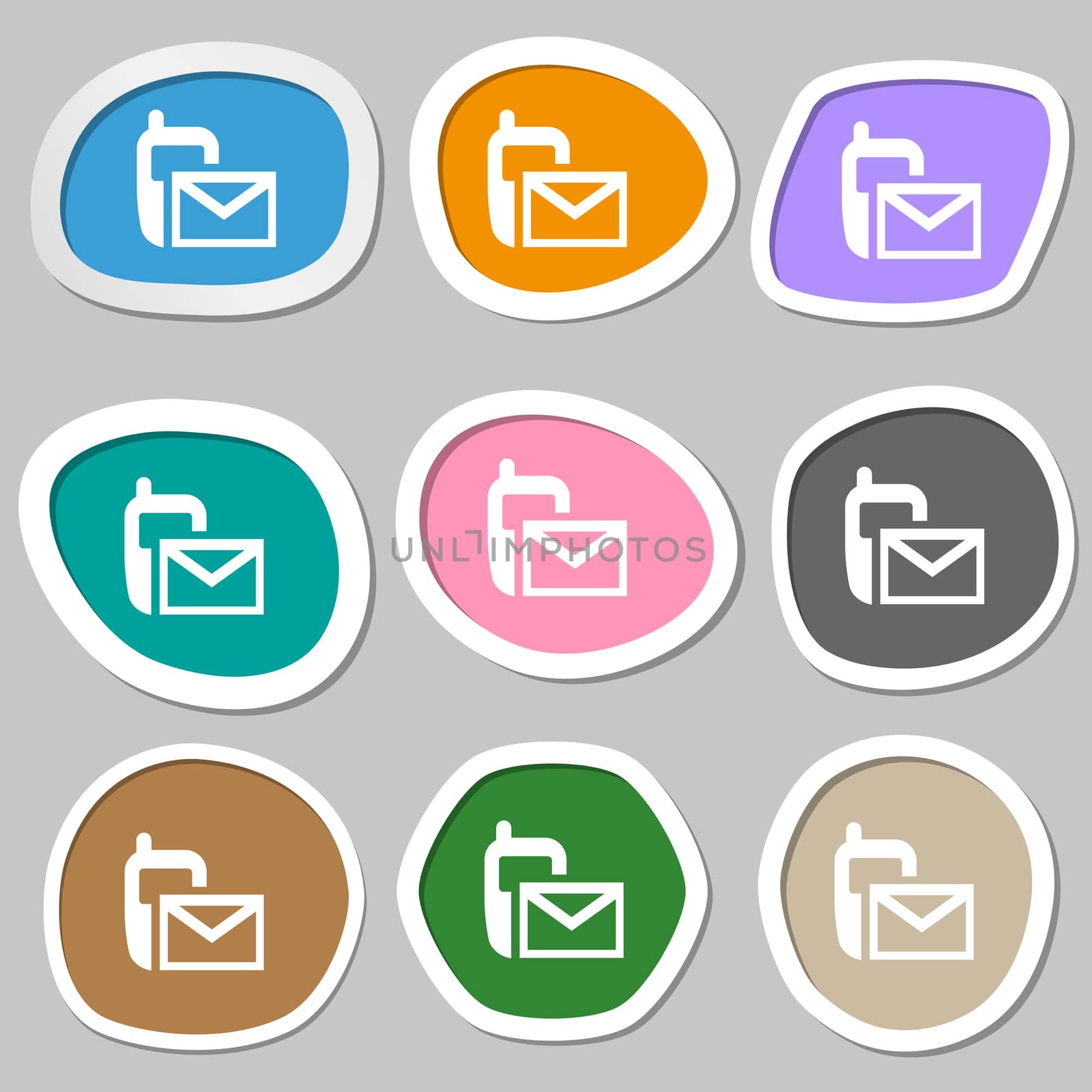 Mail icon. Envelope symbol. Message sms sign. Multicolored paper stickers.  by serhii_lohvyniuk
