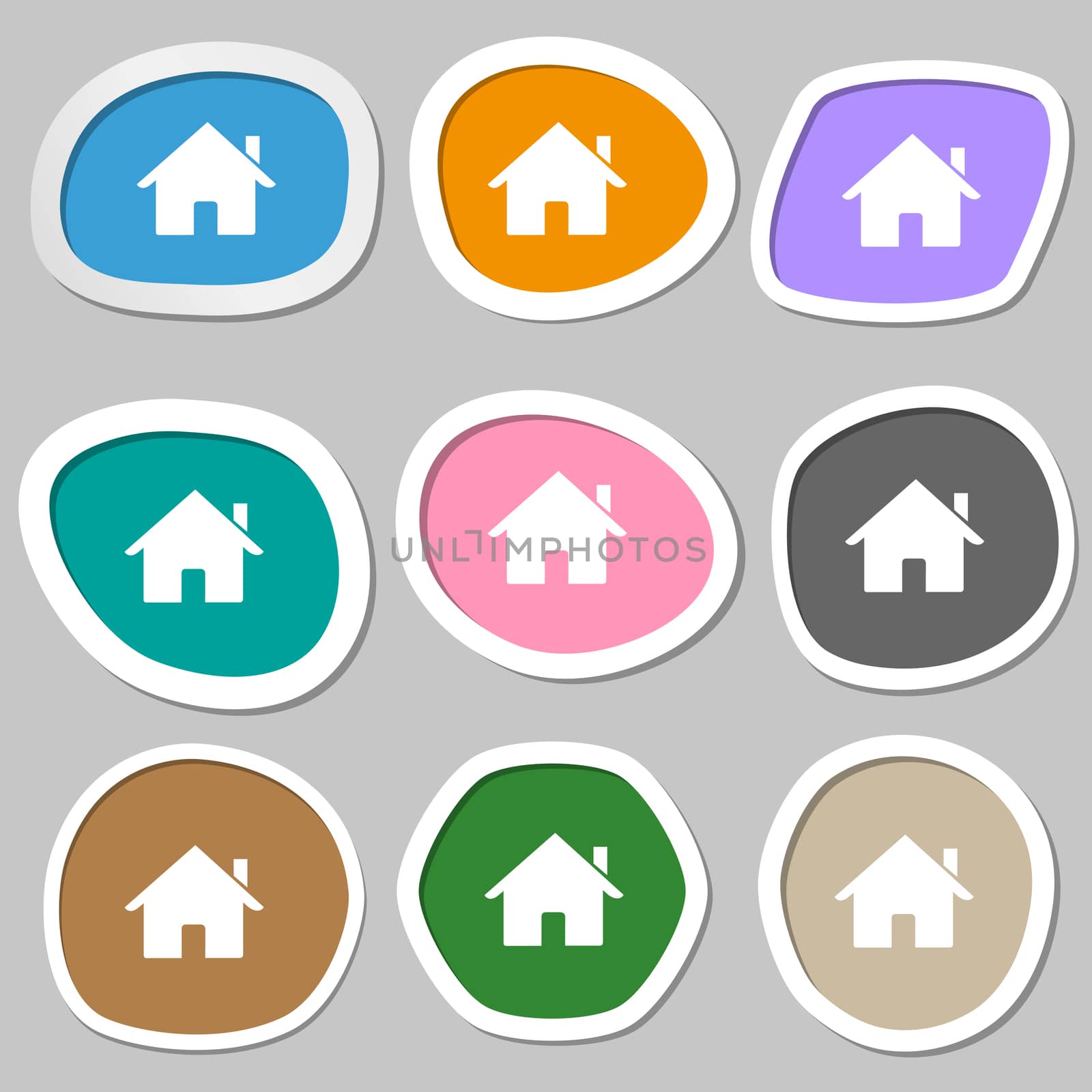 Home sign icon. Main page button. Navigation symbol. Multicolored paper stickers. illustration