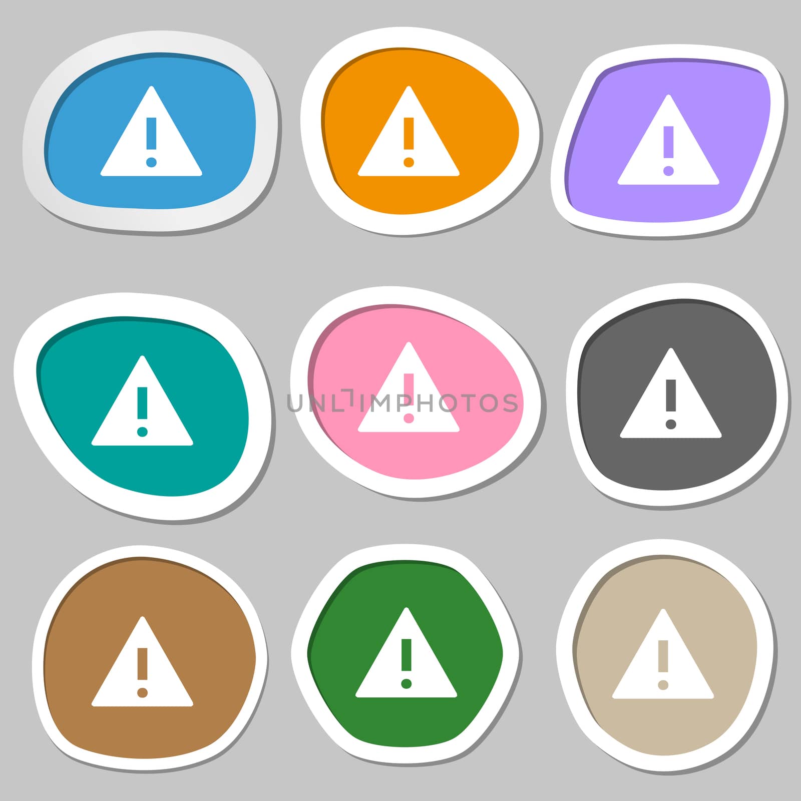 Attention sign icon. Exclamation mark. Hazard warning symbol. Multicolored paper stickers. illustration