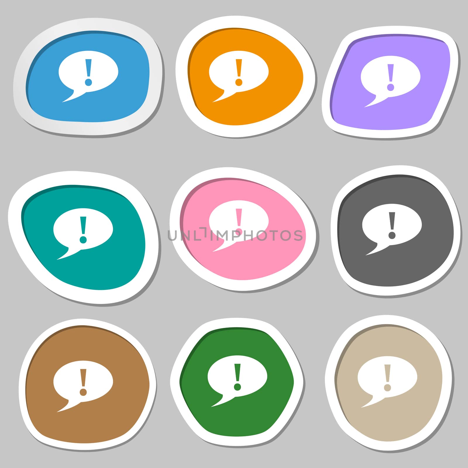 Exclamation mark sign icon. Attention speech bubble symbol. Multicolored paper stickers. illustration