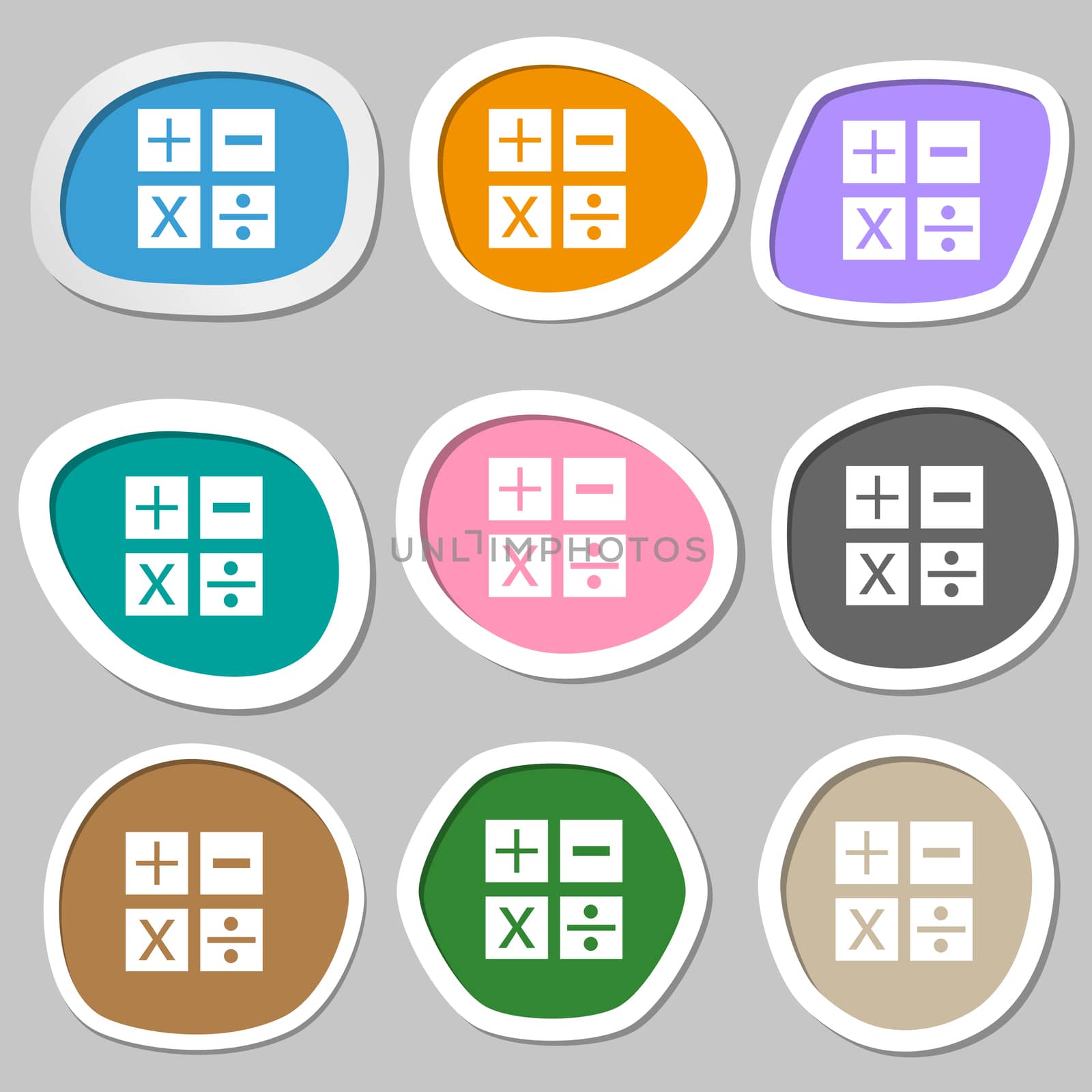 Multiplication, division, plus, minus icon Math symbol Mathematics. Multicolored paper stickers. illustration