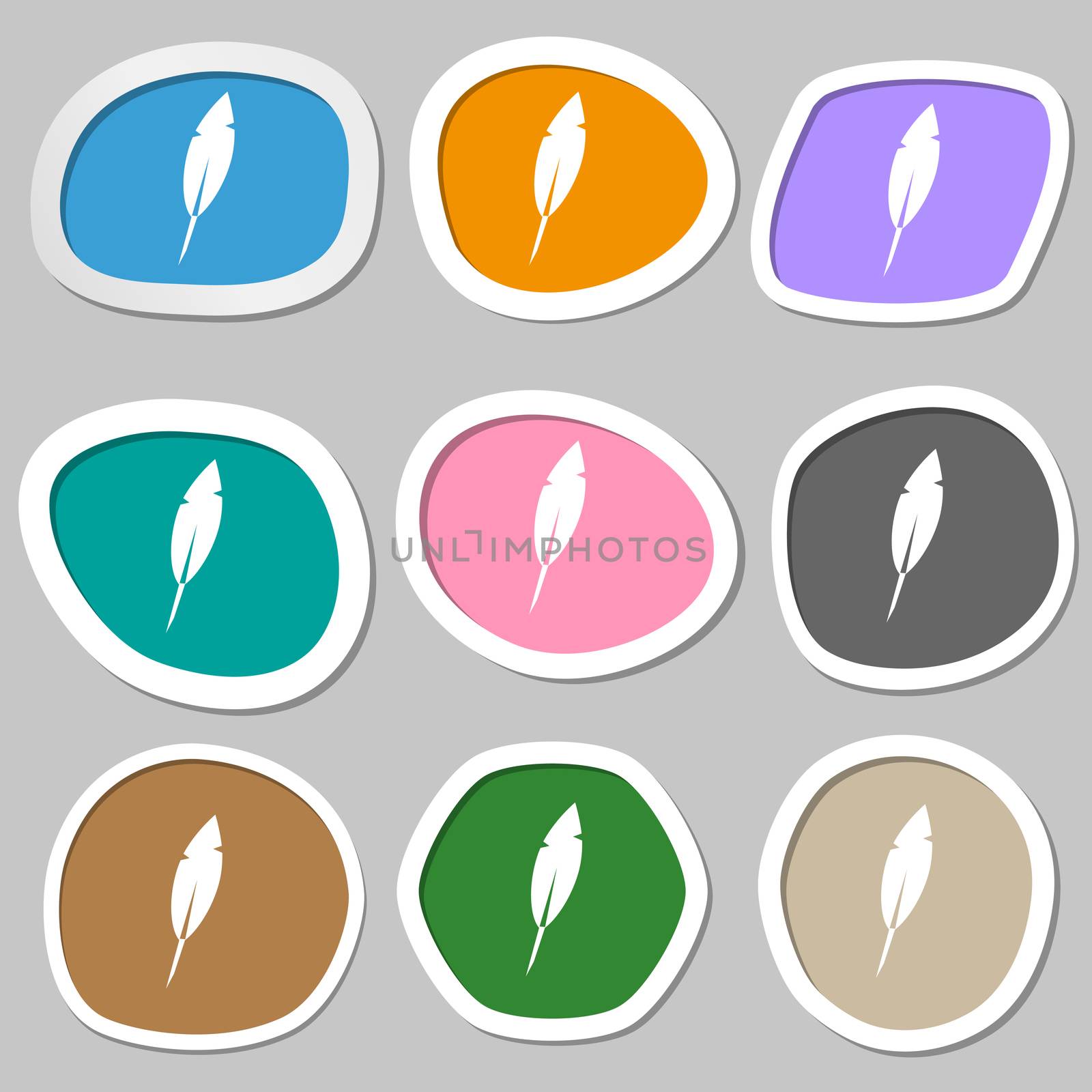 Feather sign icon. Retro pen symbo. Multicolored paper stickers.  by serhii_lohvyniuk