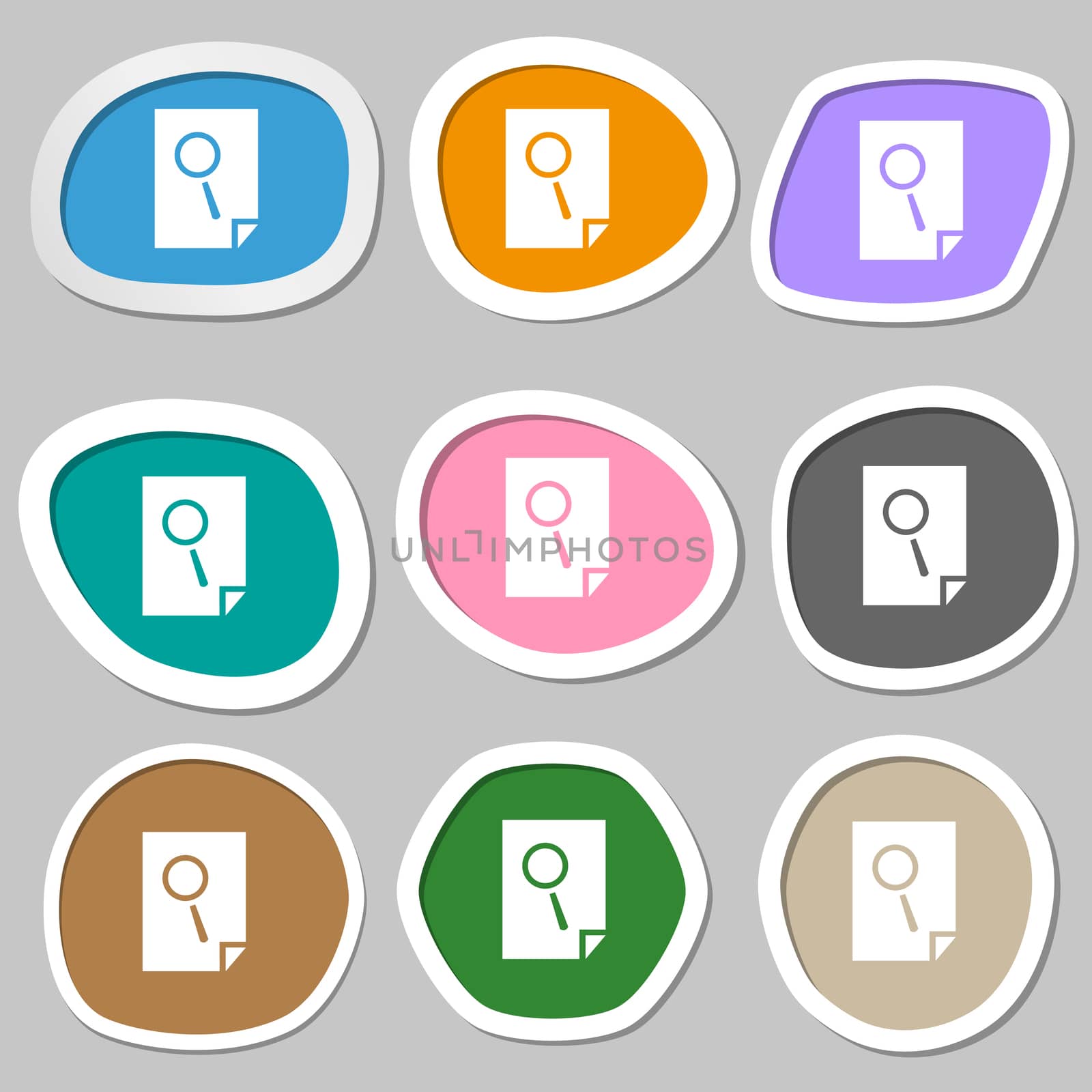 Search in file sign icon. Find in document symbol. Multicolored paper stickers. illustration