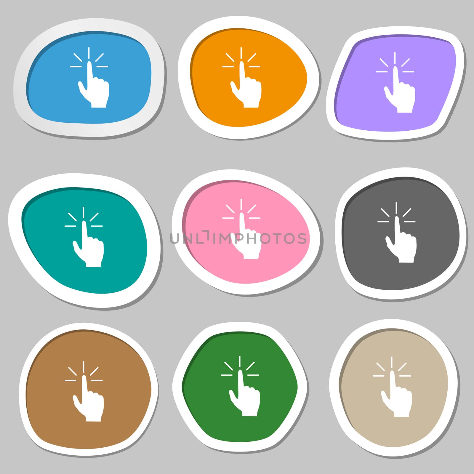 Click here hand icon sign. Multicolored paper stickers.  by serhii_lohvyniuk