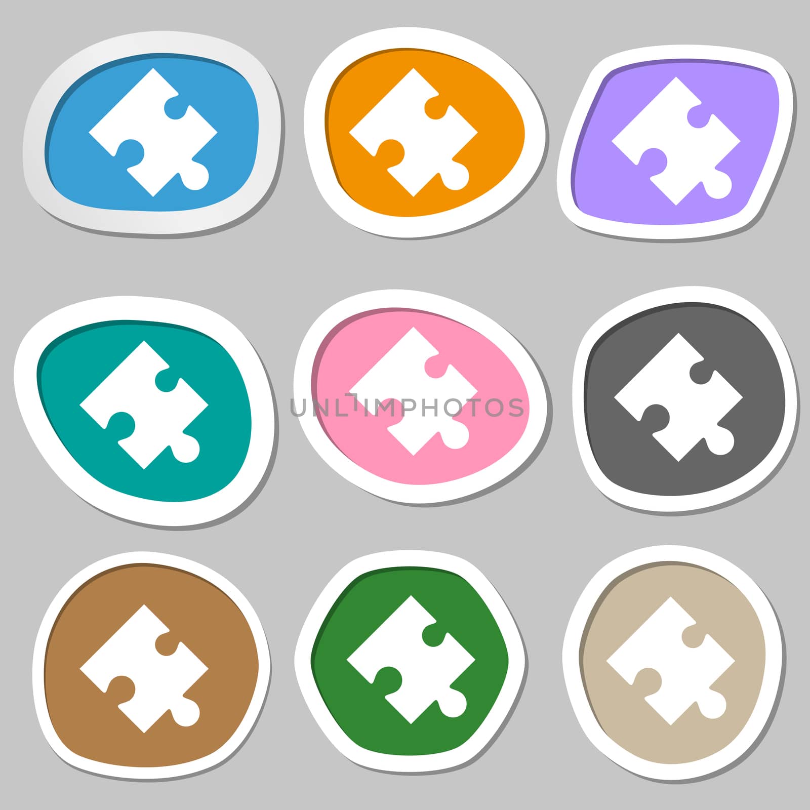 Puzzle piece icon sign. Multicolored paper stickers.  by serhii_lohvyniuk