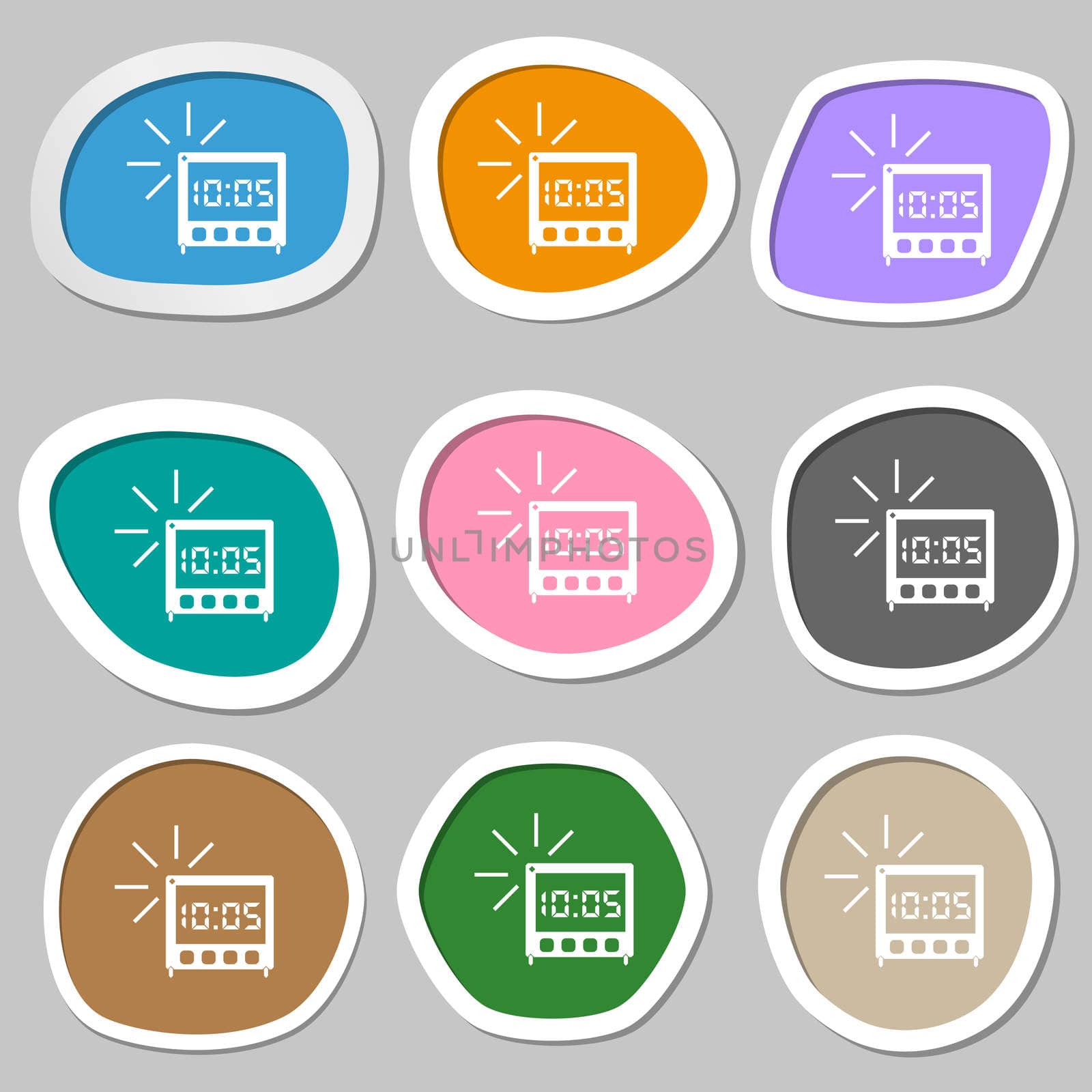 digital Alarm Clock icon sign. Multicolored paper stickers.  by serhii_lohvyniuk