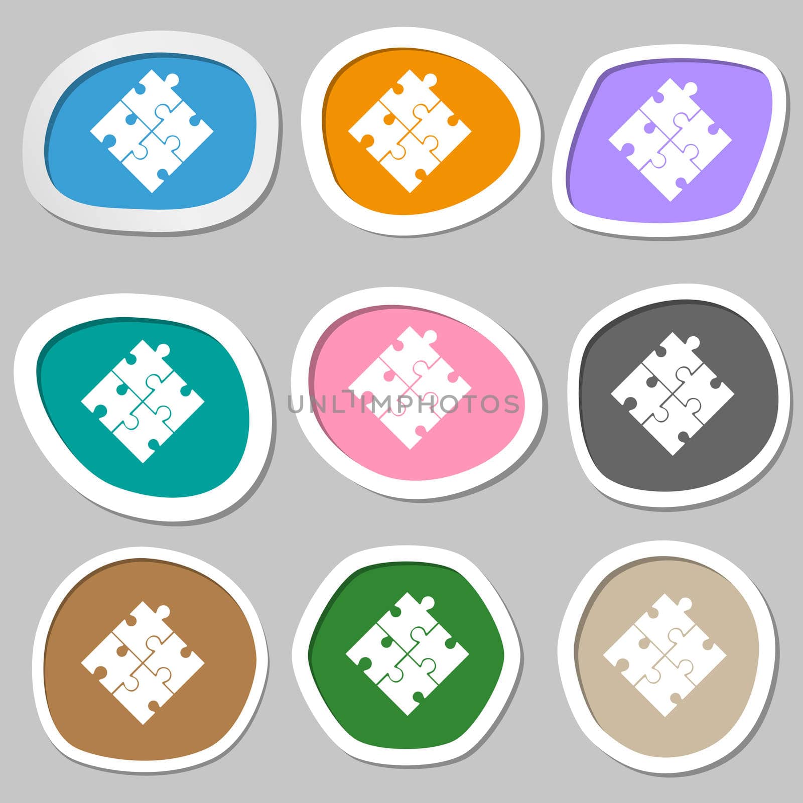 Puzzle piece icon sign. Multicolored paper stickers. illustration