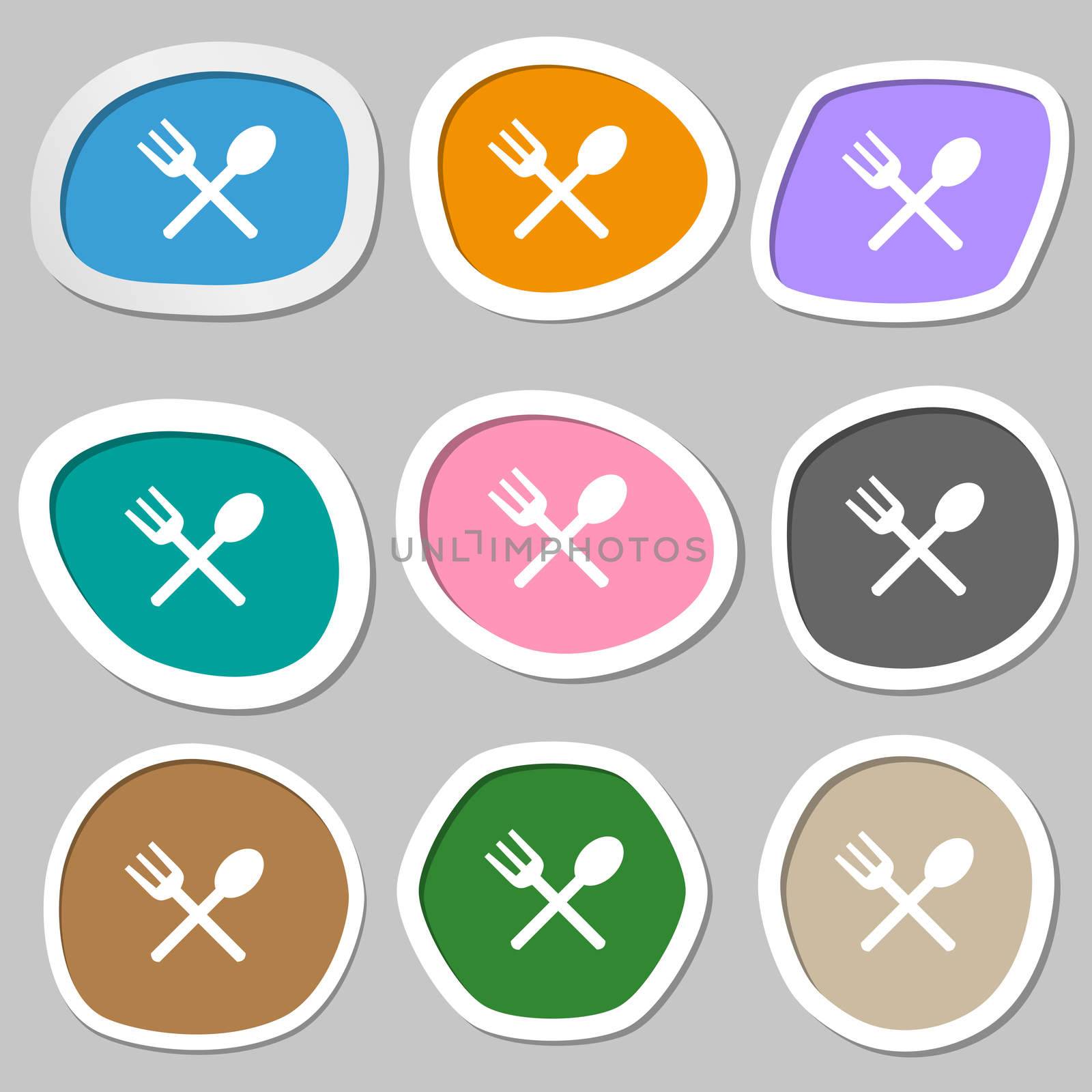 Fork and spoon crosswise, Cutlery, Eat icon sign. Multicolored paper stickers.  by serhii_lohvyniuk