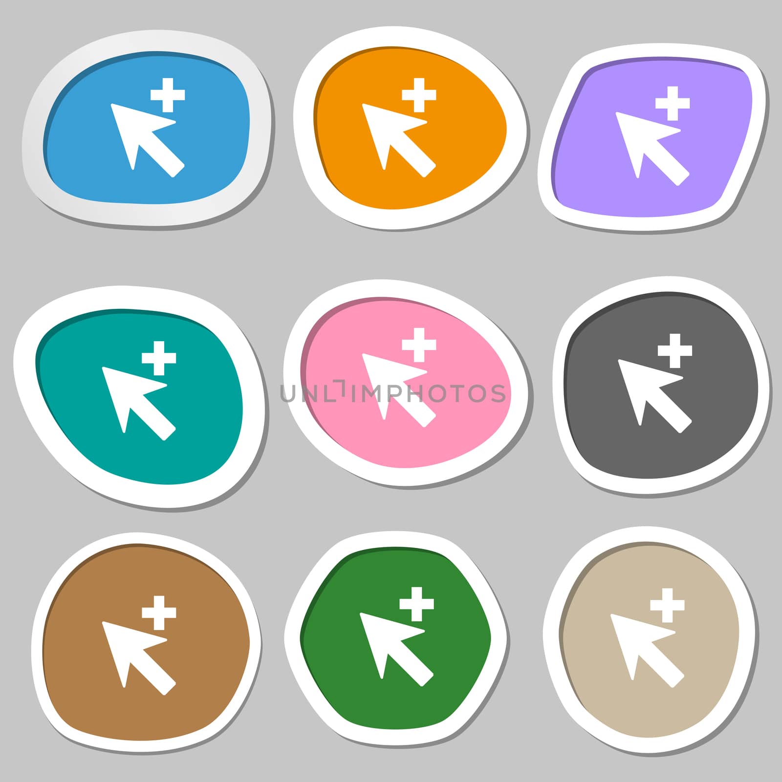 Cursor, arrow plus, add icon sign. Multicolored paper stickers. illustration