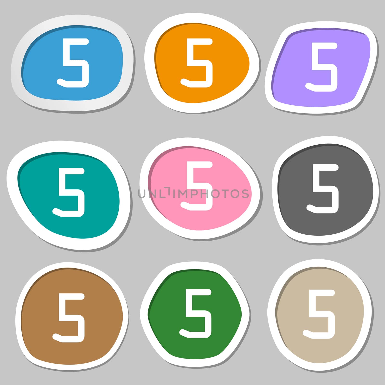 number five icon sign. Multicolored paper stickers. illustration